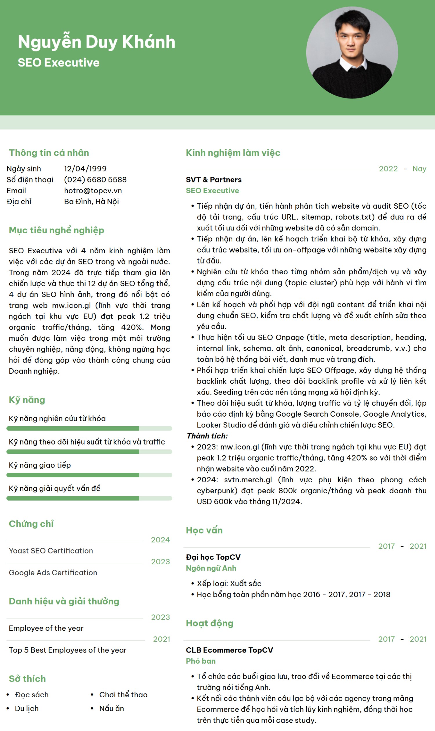 Mẫu CV SEO Executive ấn tượng