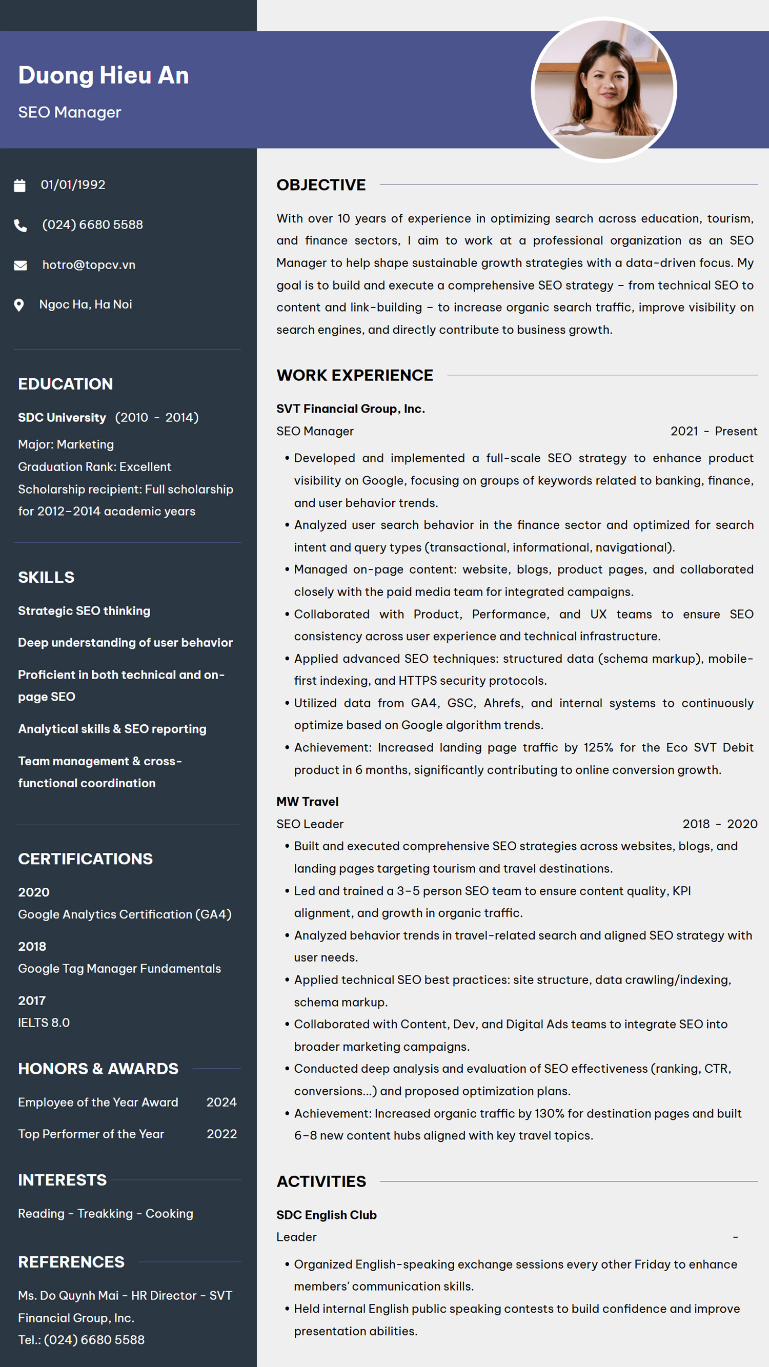 Mẫu CV SEO Manager tiếng Anh