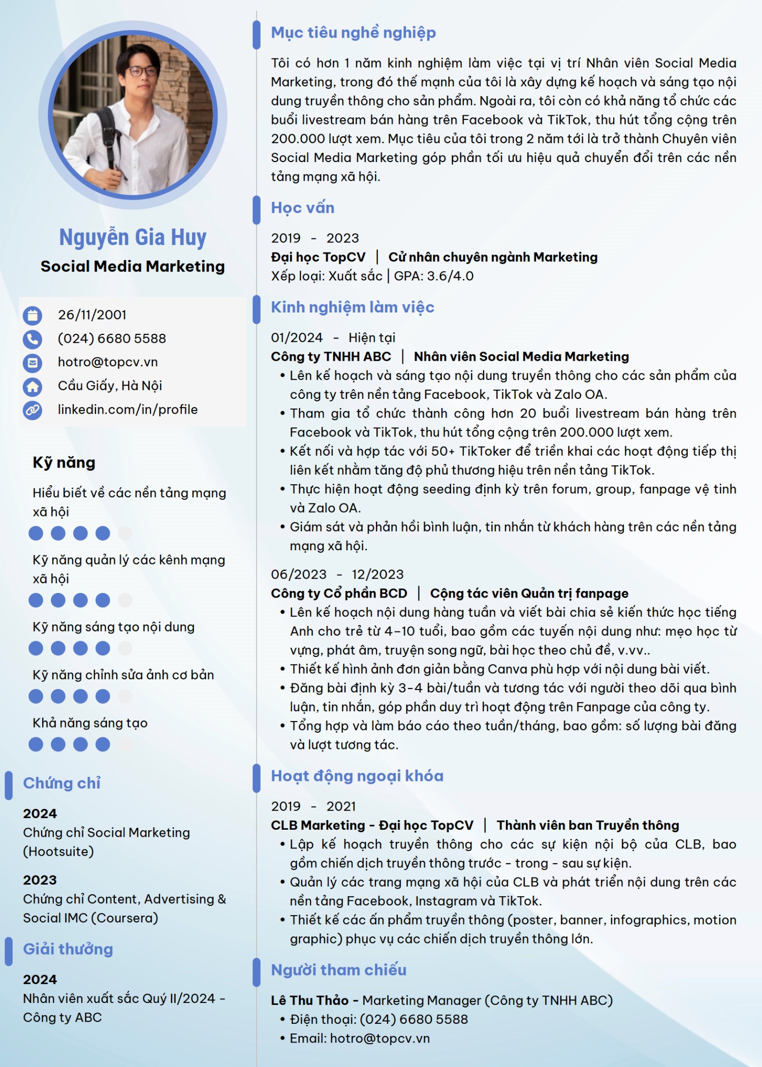 Mẫu CV Social Media Marketing tinh tế