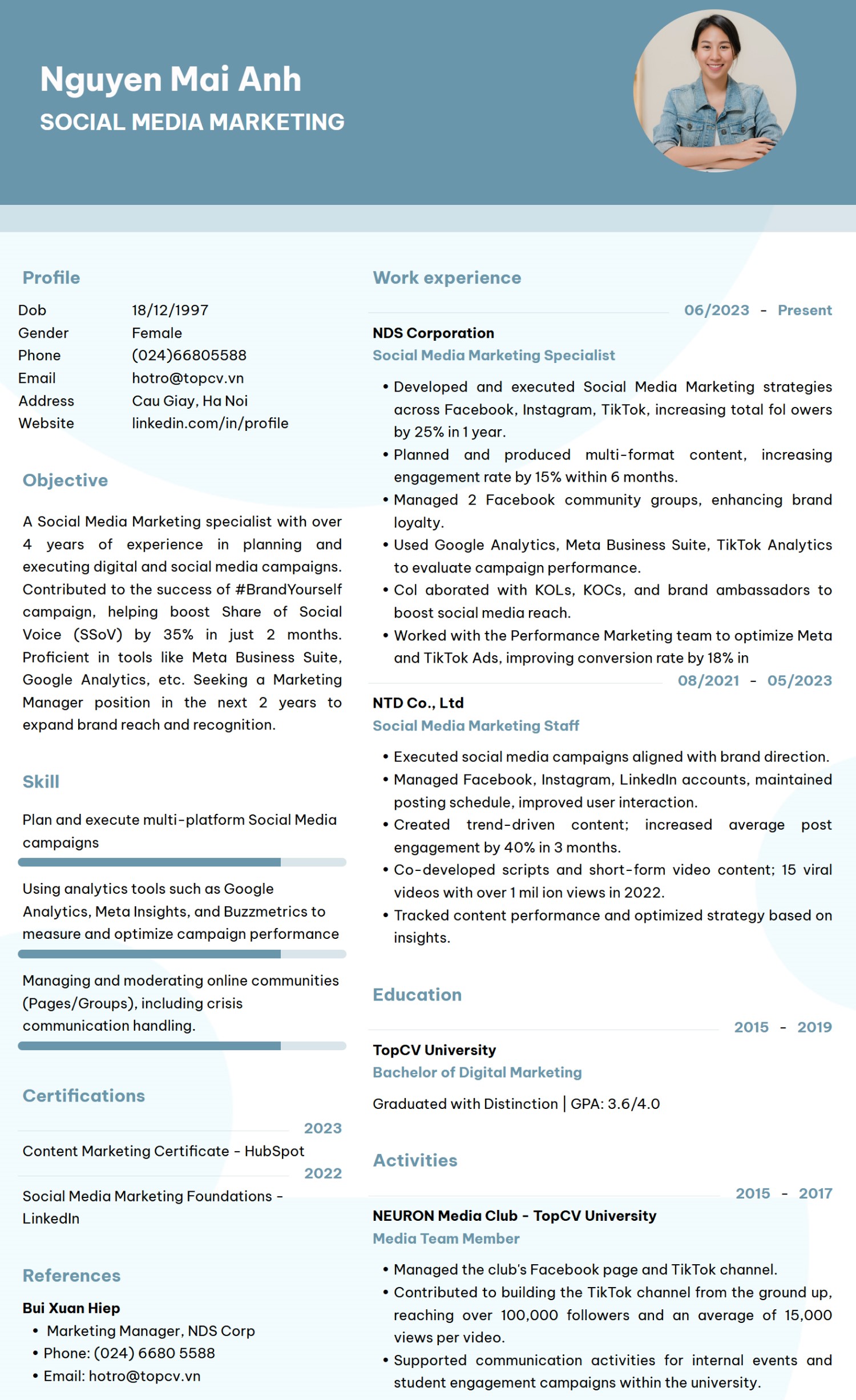 Mẫu CV Social Media Marketing (Bản tiếng Anh)