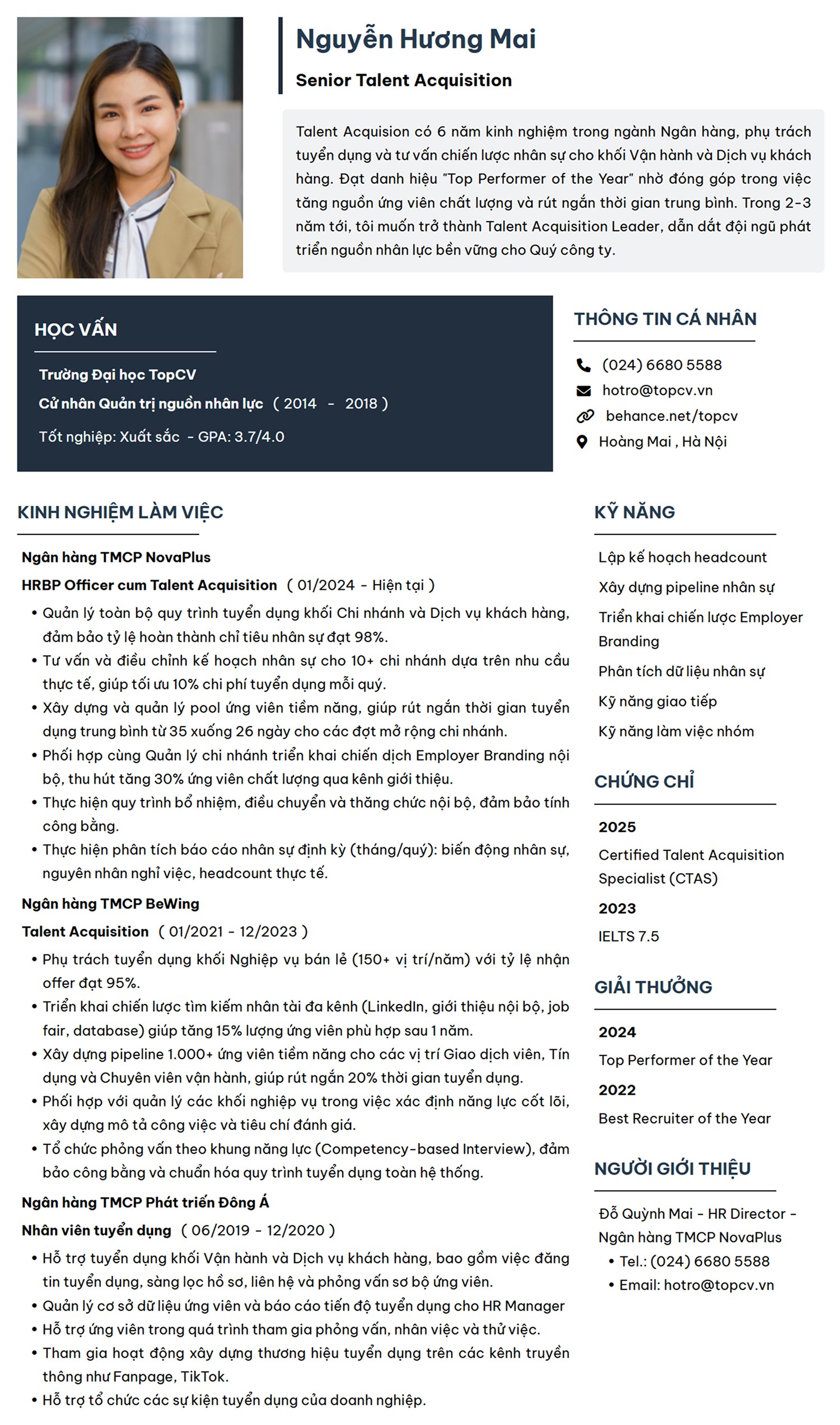 Mẫu CV Talent Acquisition trong lĩnh vực Ngân hàng