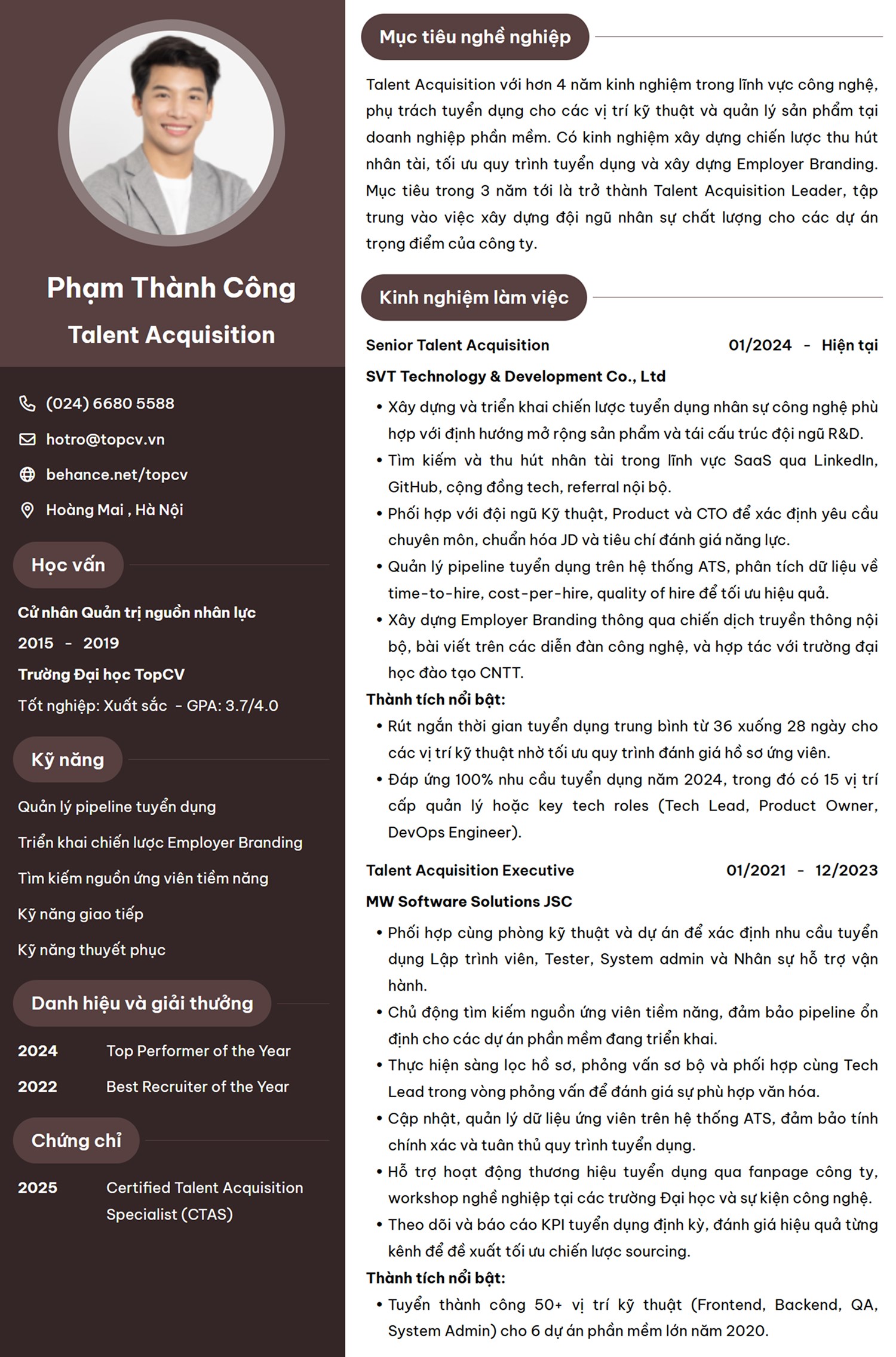 mẫu CV Talent Acquisition trong lĩnh vực Công nghệ thông tin