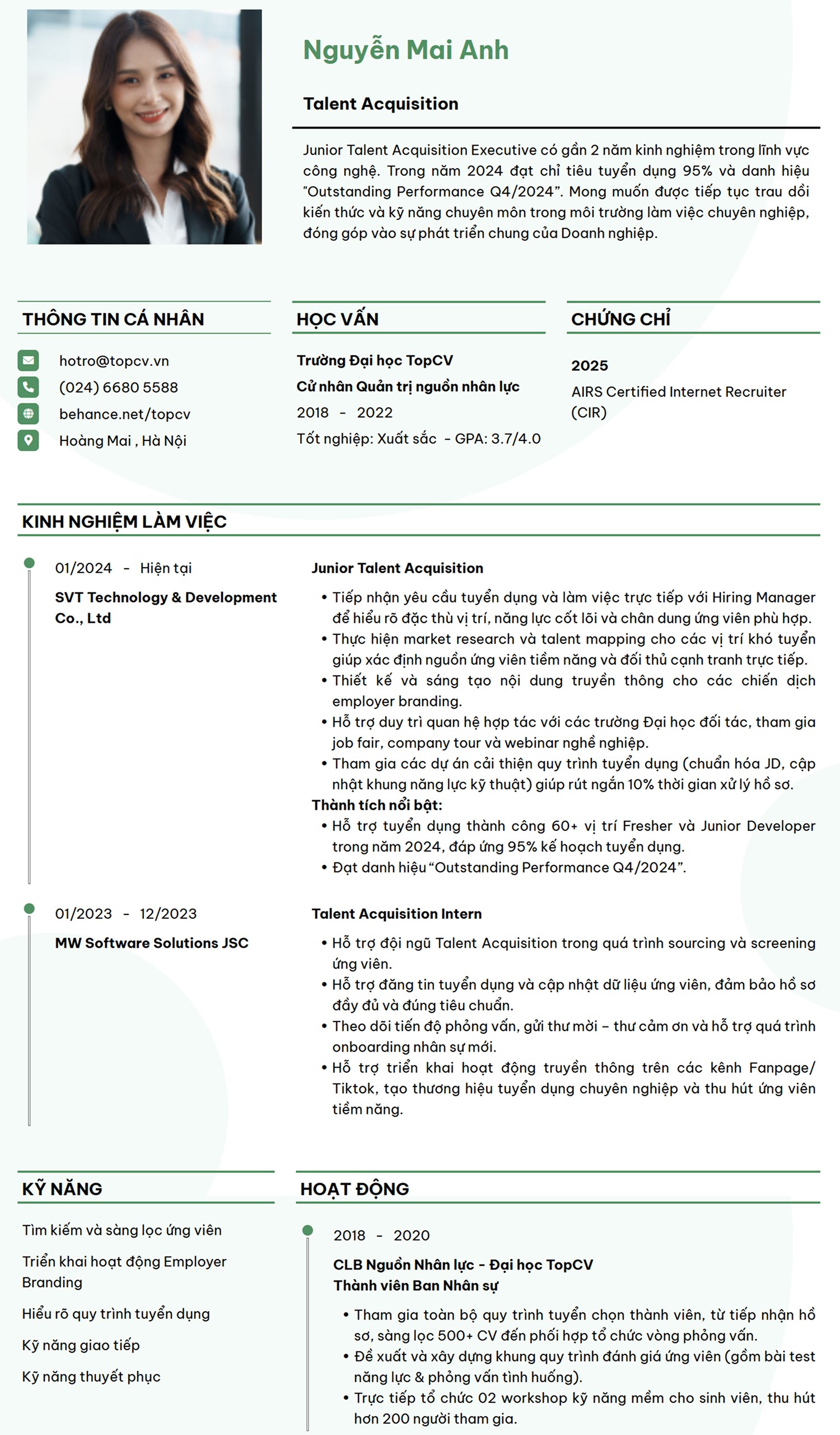 mẫu CV Talent Acquisition cho người chưa có nhiều kinh nghiệm