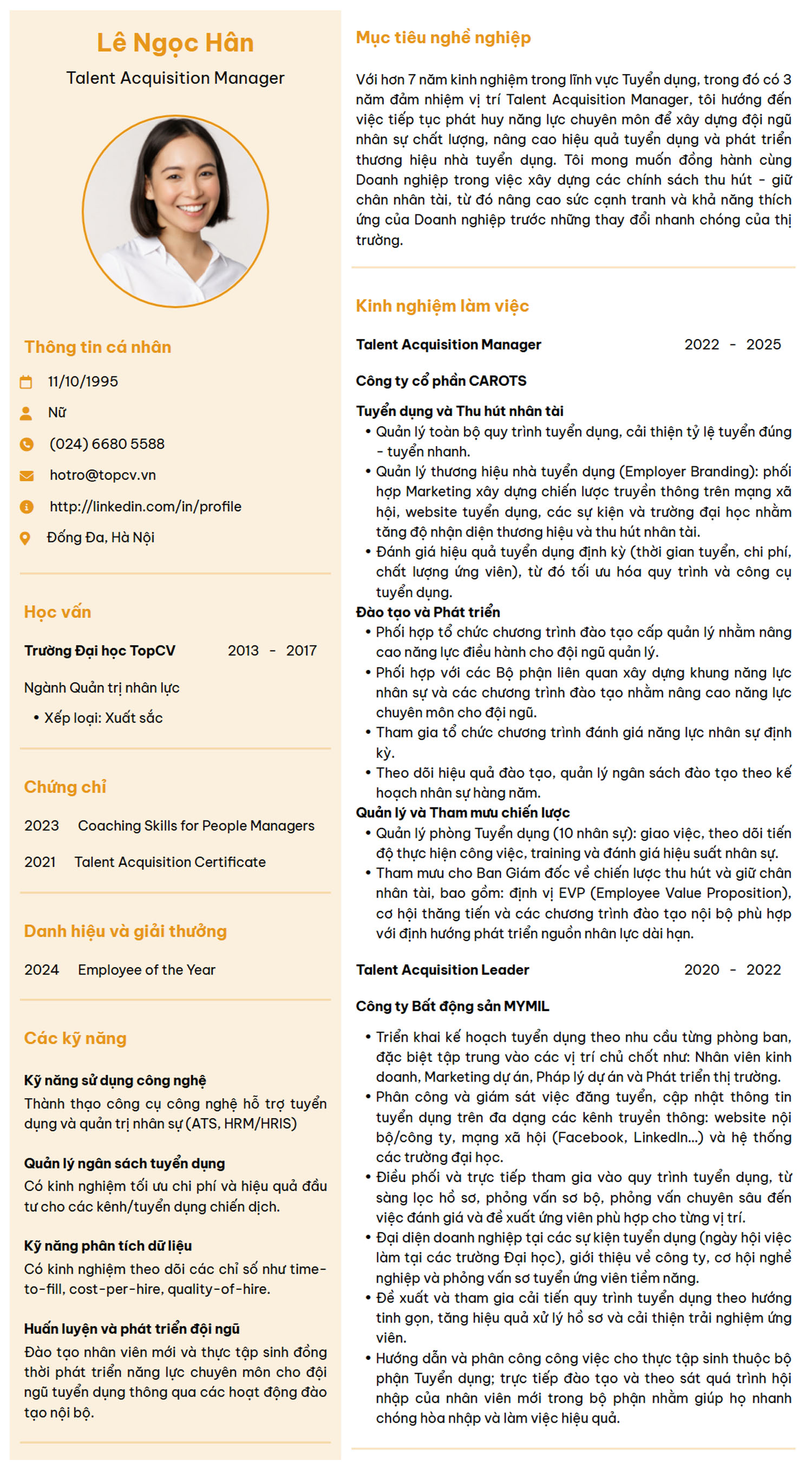 Mẫu CV Talent Acquisition Manager