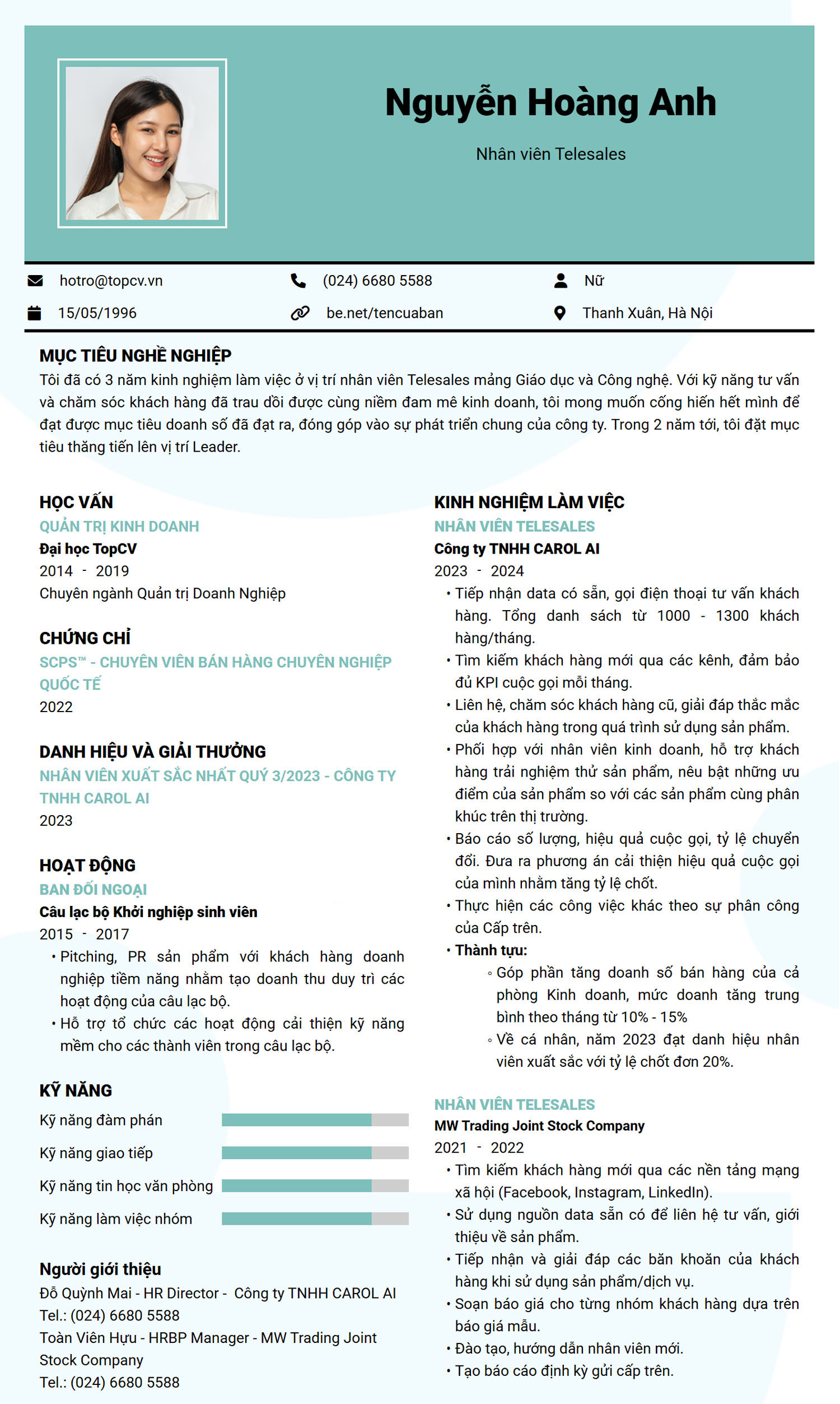 mẫu CV Telesales