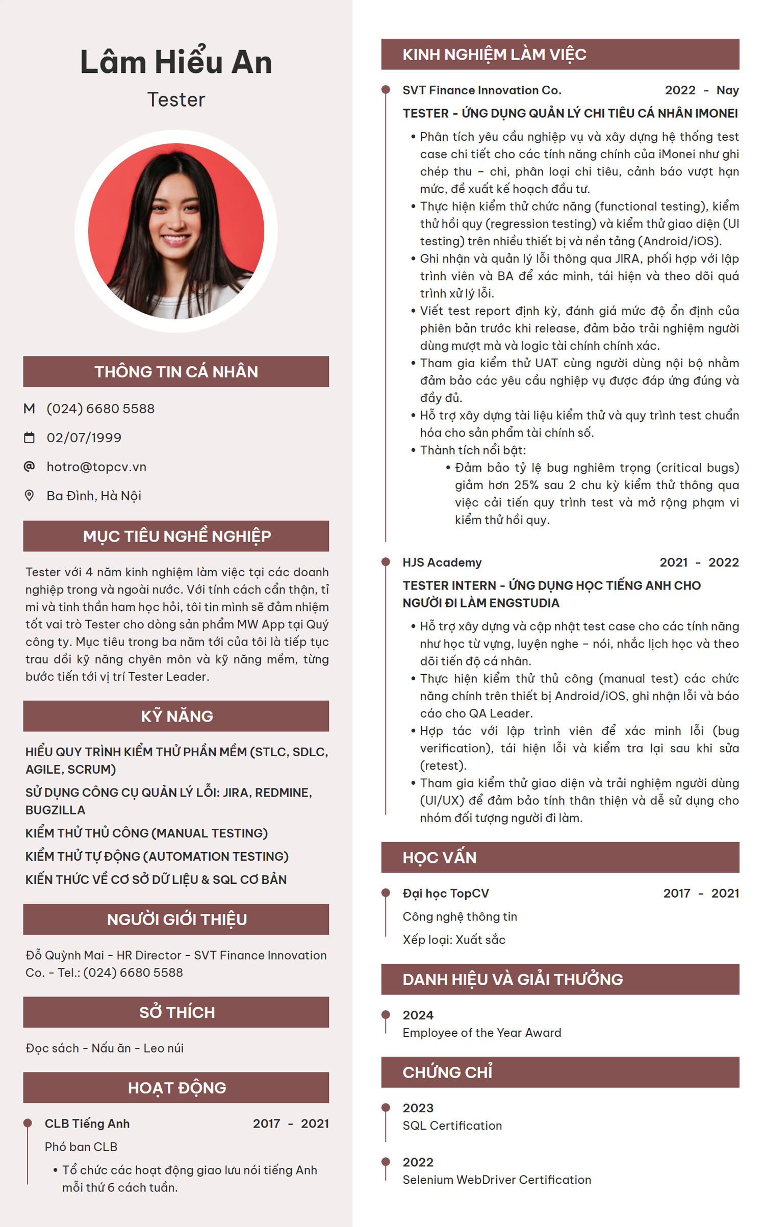Tham khảo mẫu CV Tester