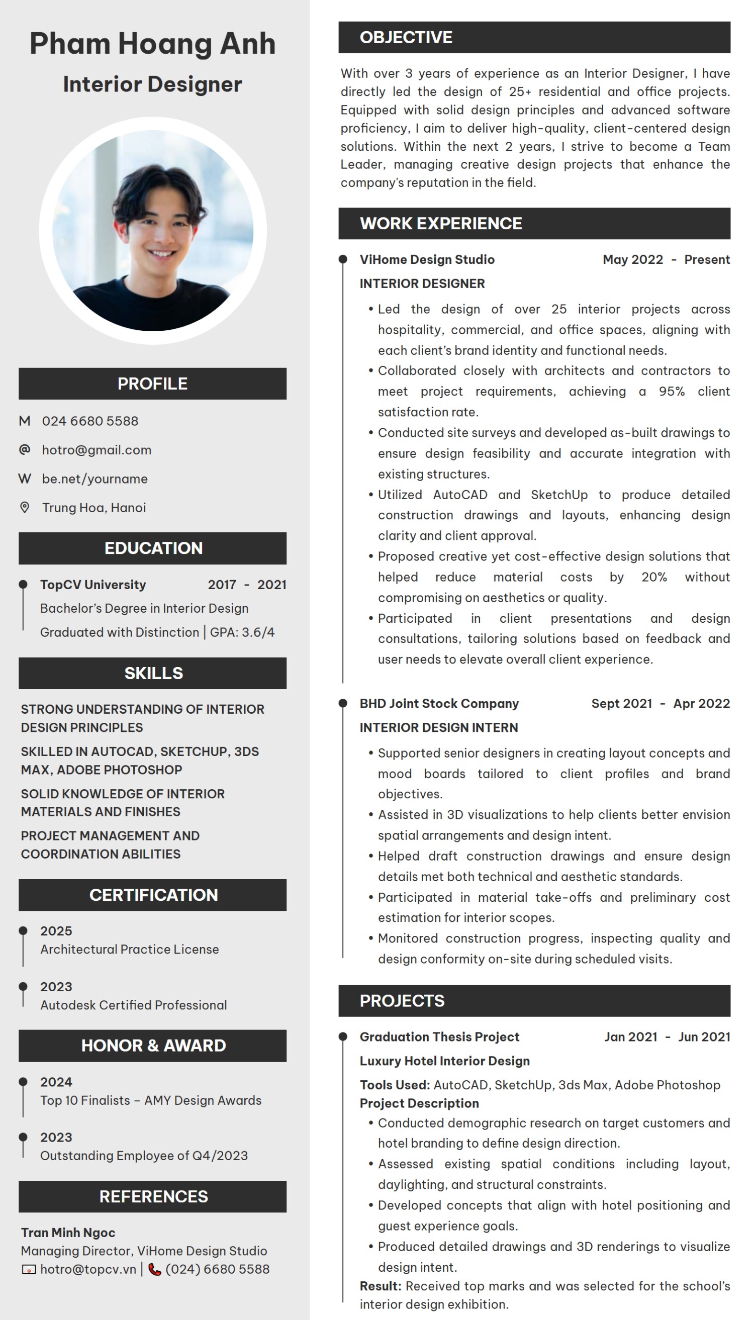 Mẫu CV Thiết kế nội thất tiếng Anh