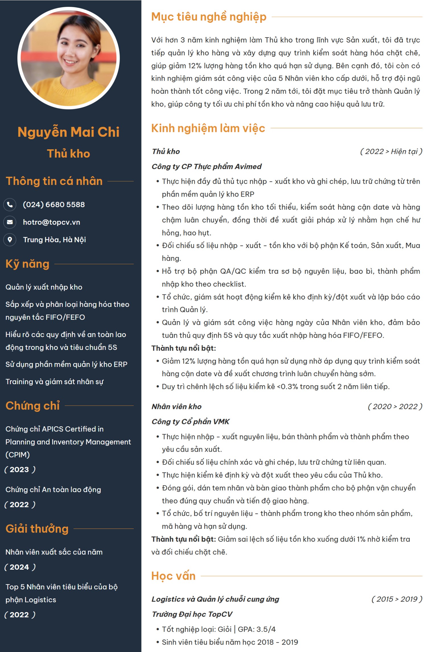 Tham khảo mẫu CV xin việc Thủ kho ấn tượng