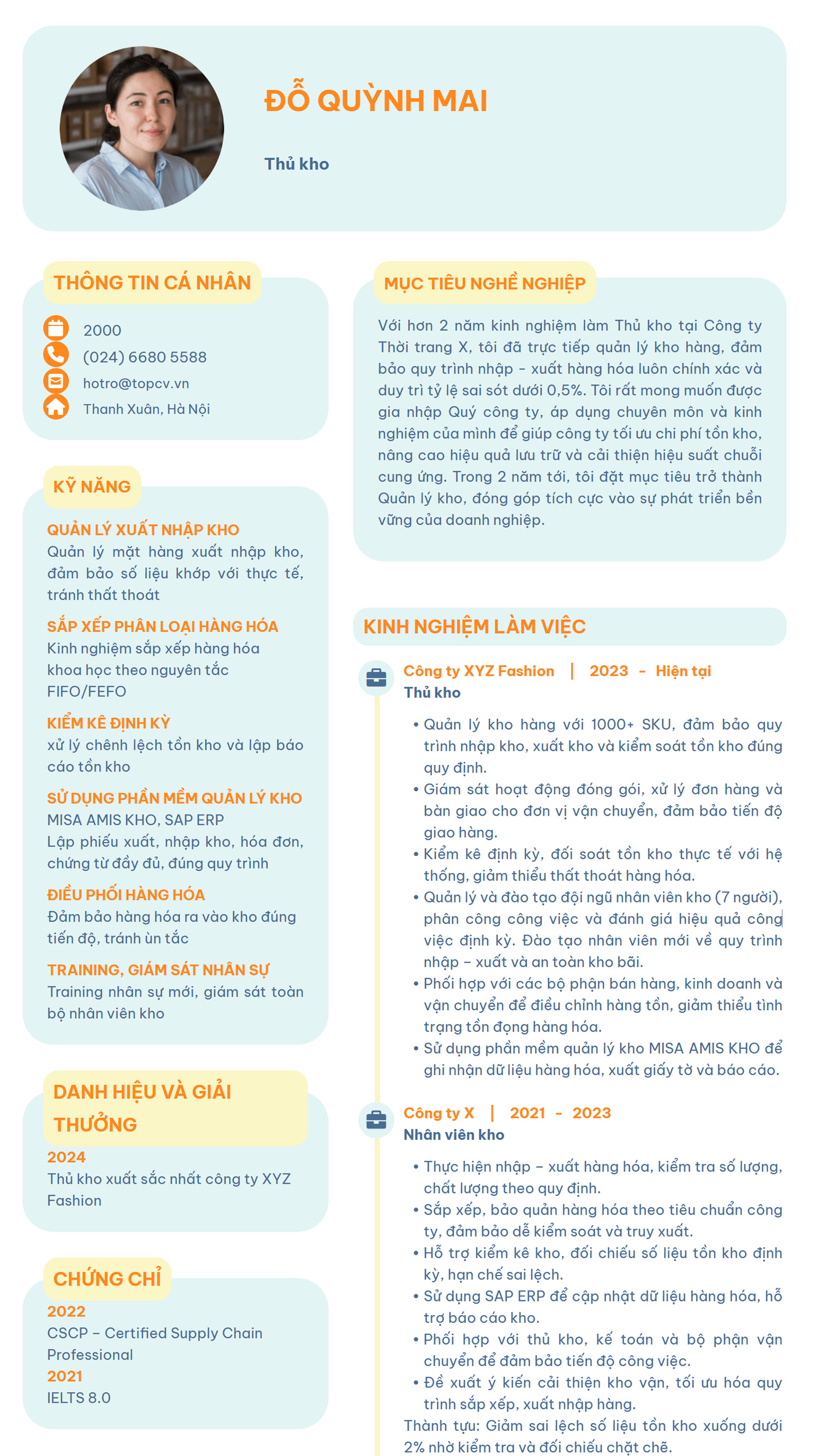 Mẫu CV Thủ kho chuẩn, chuyên nghiệp