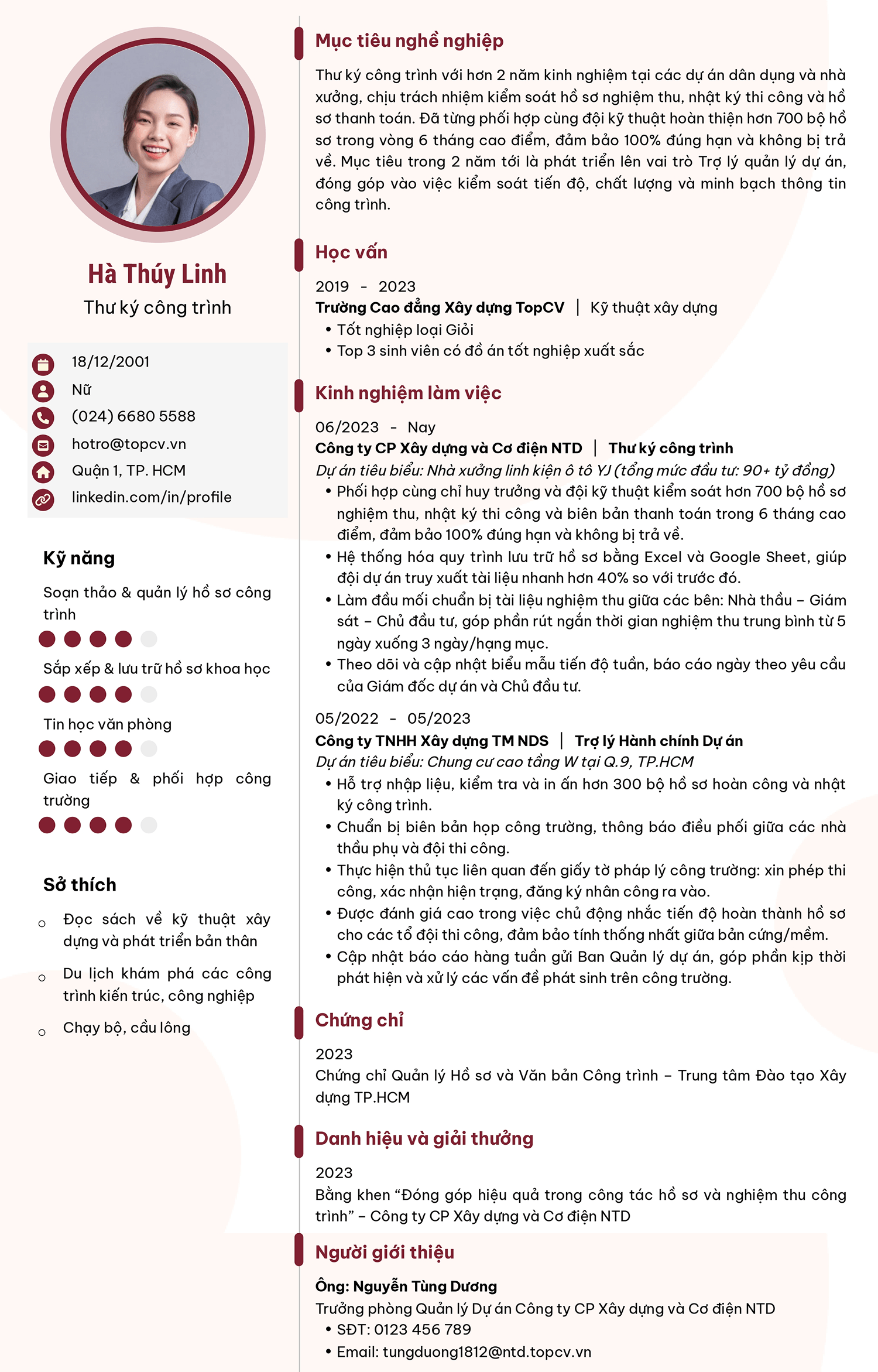 Mẫu CV Thư ký công trình chuẩn