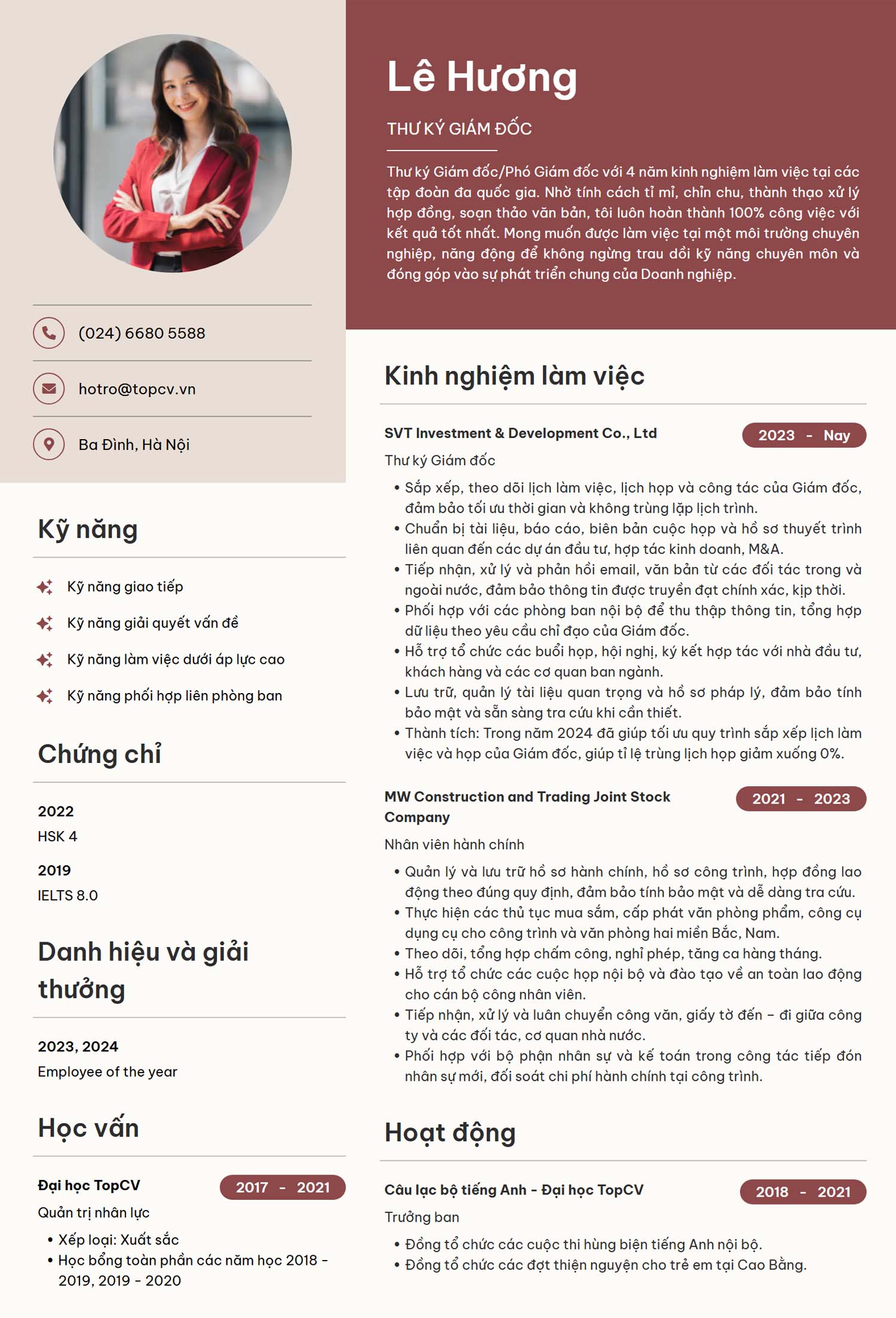 Mẫu CV Thư ký giám đốc ấn tượng