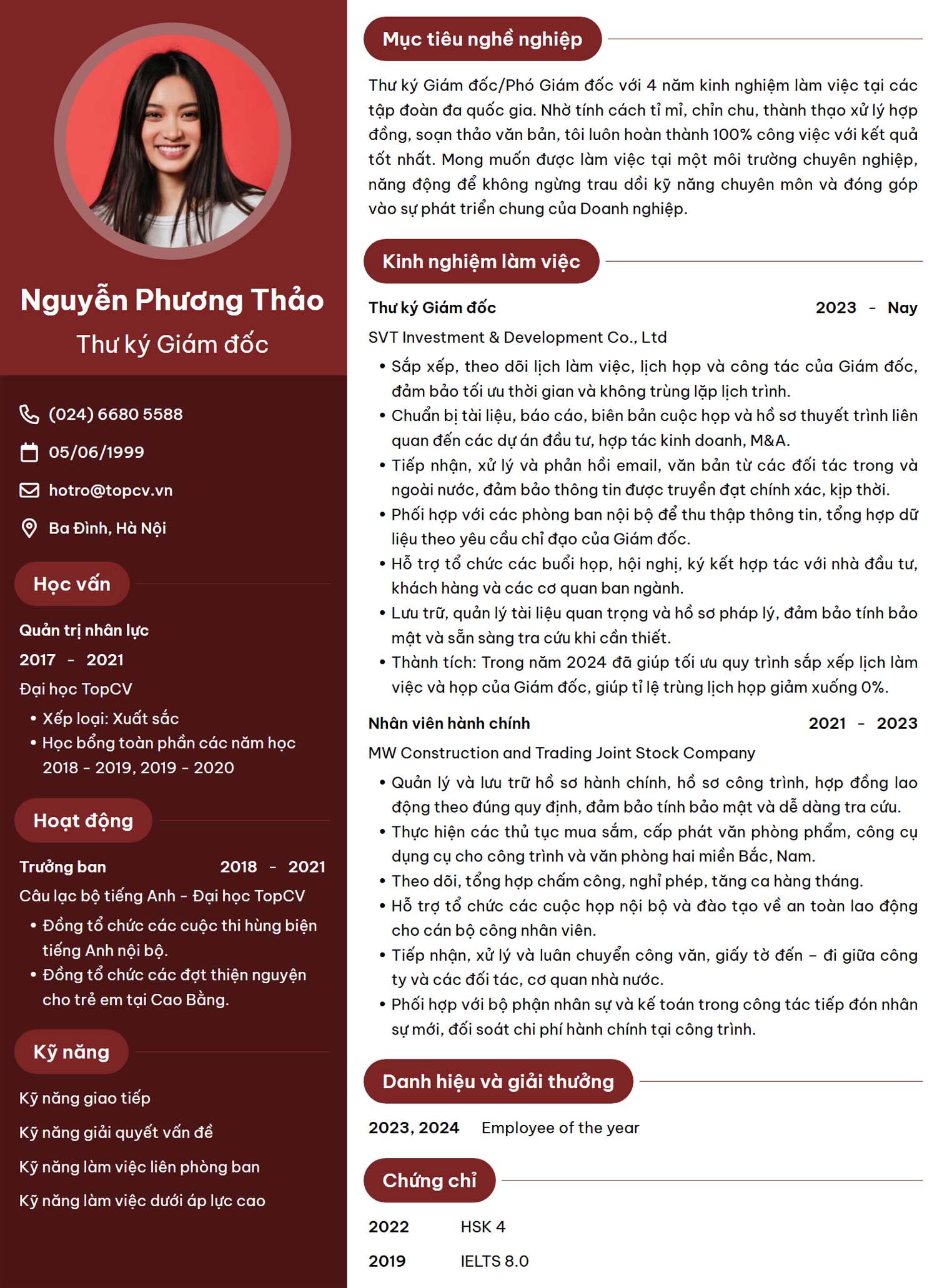 Tham khảo mẫu CV Thư ký Giám đốc năng động