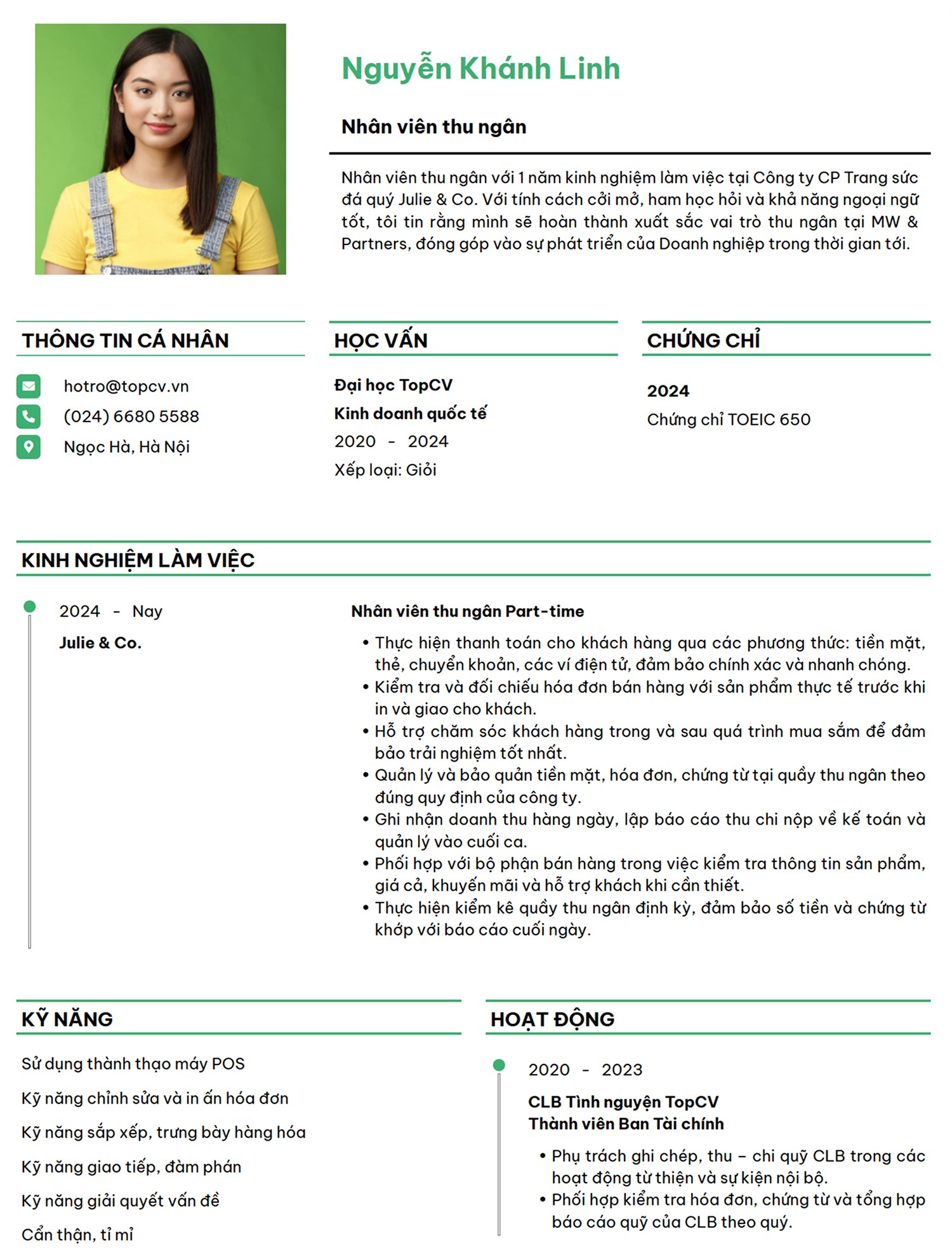 Mẫu CV Thu ngân đơn giản