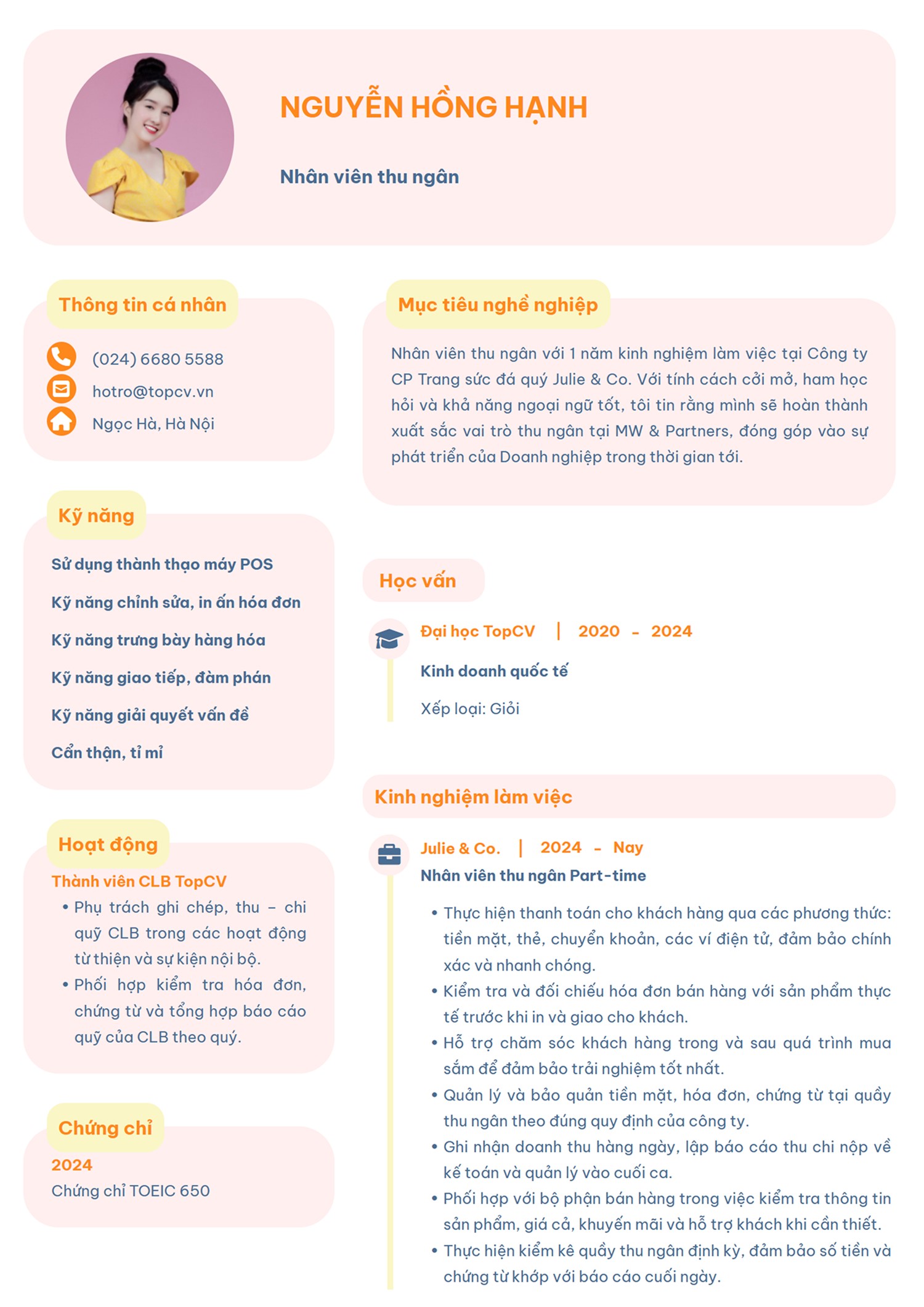 Mẫu CV Thu ngân ấn tượng