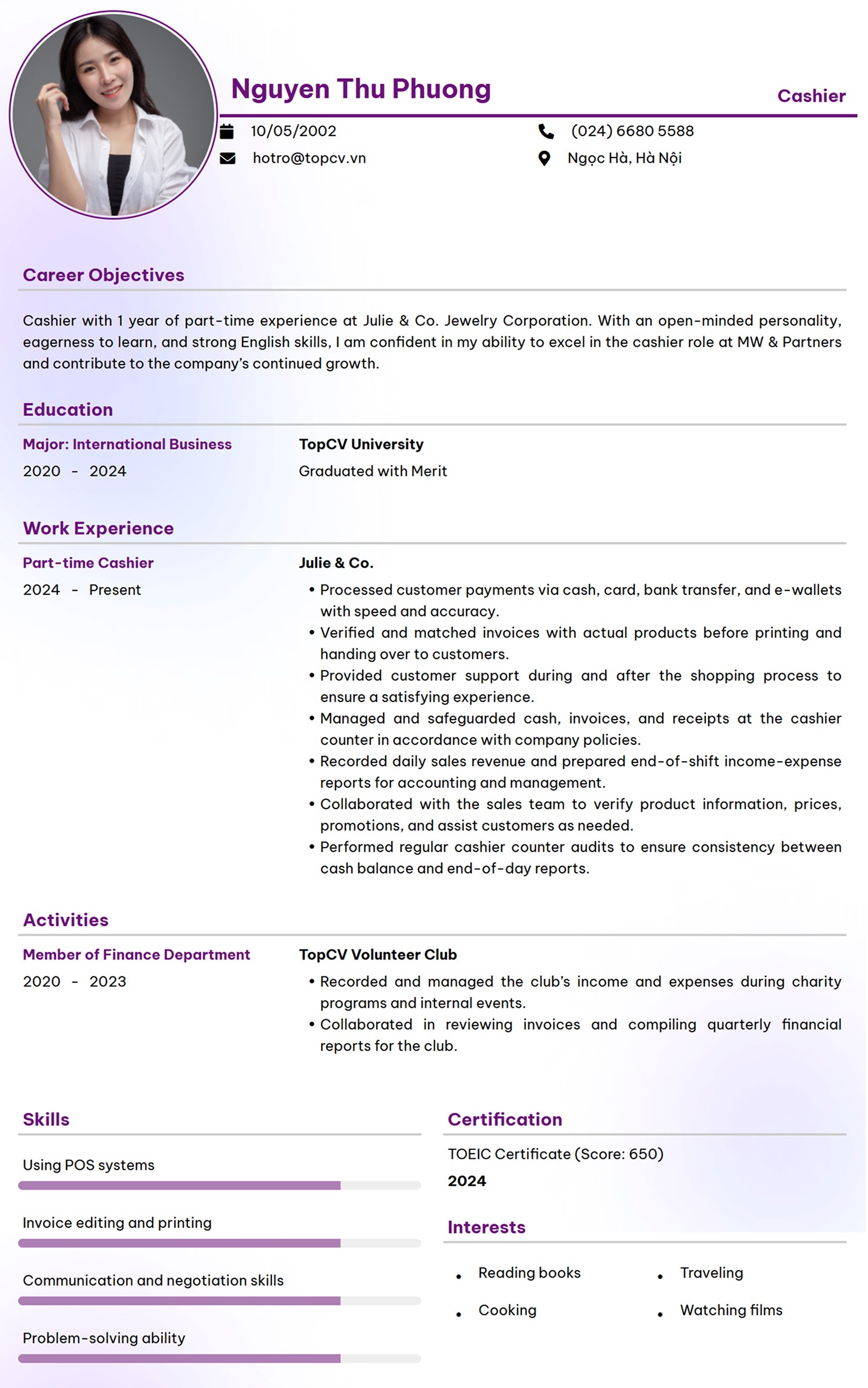 Mẫu CV Thu ngân tiếng Anh