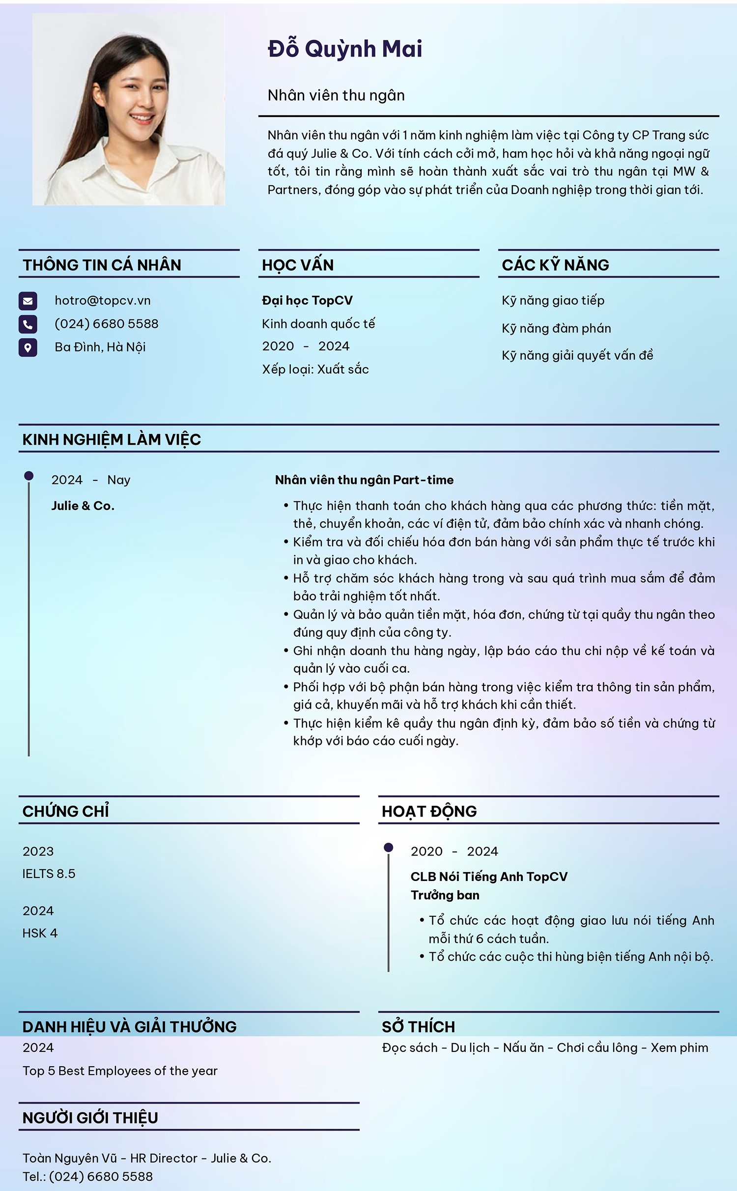 Mẫu CV Thu ngân tiếng Việt