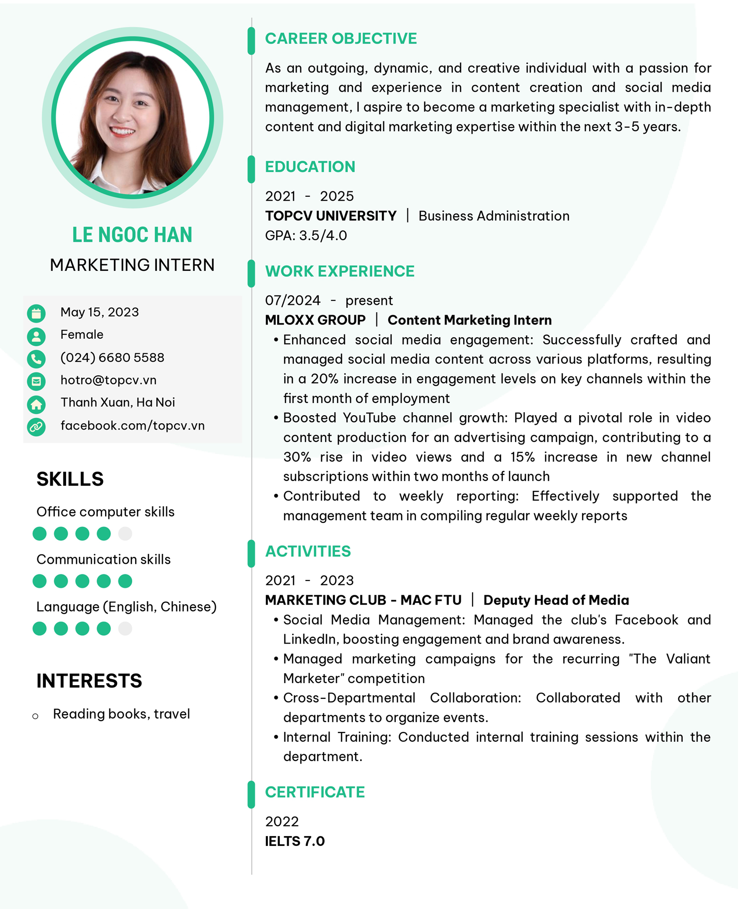 Mẫu CV Thực tập sinh Marketing tiếng Anh