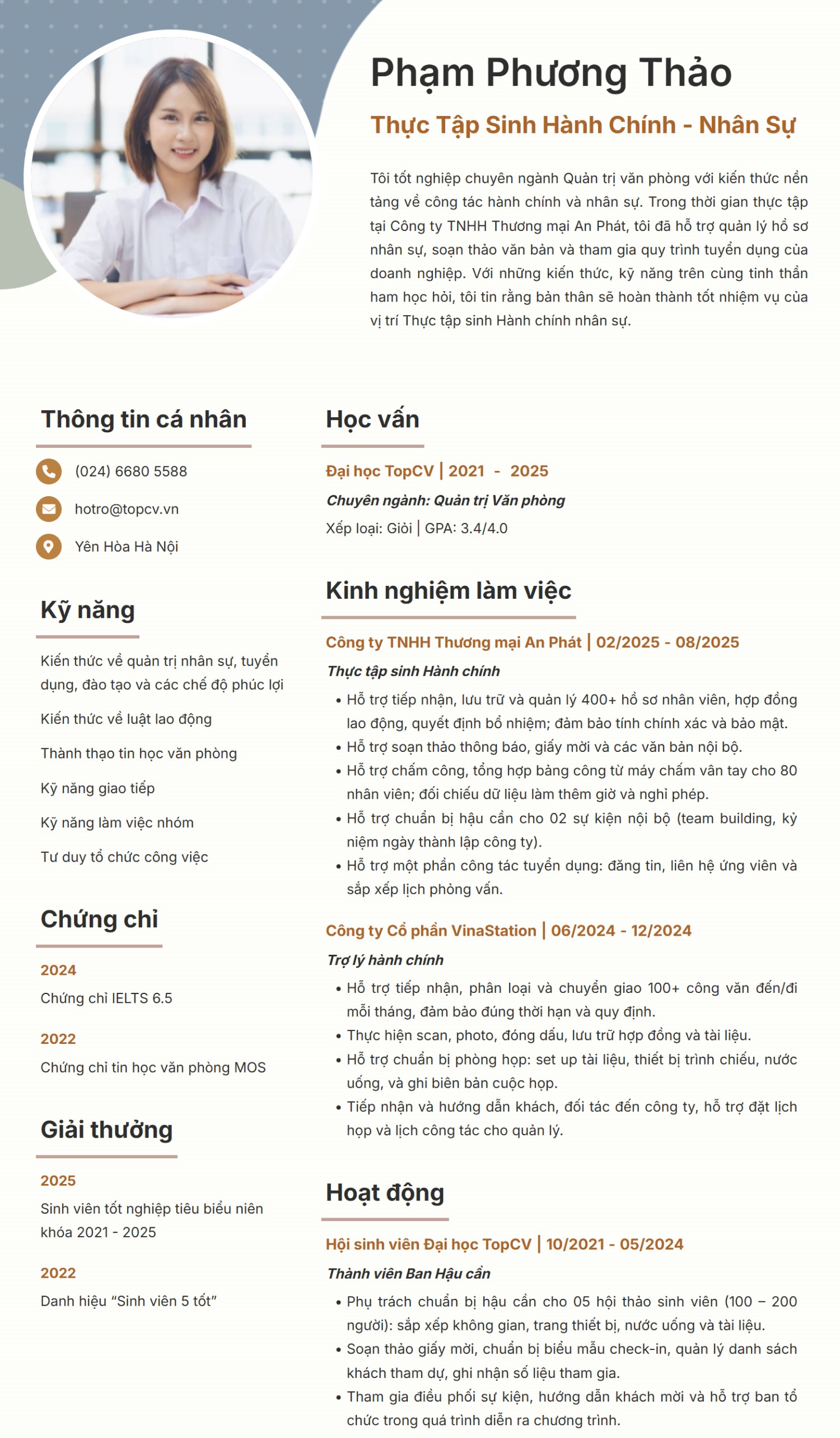 Mẫu CV Thực tập sinh Hành chính nhân sự hiện đại