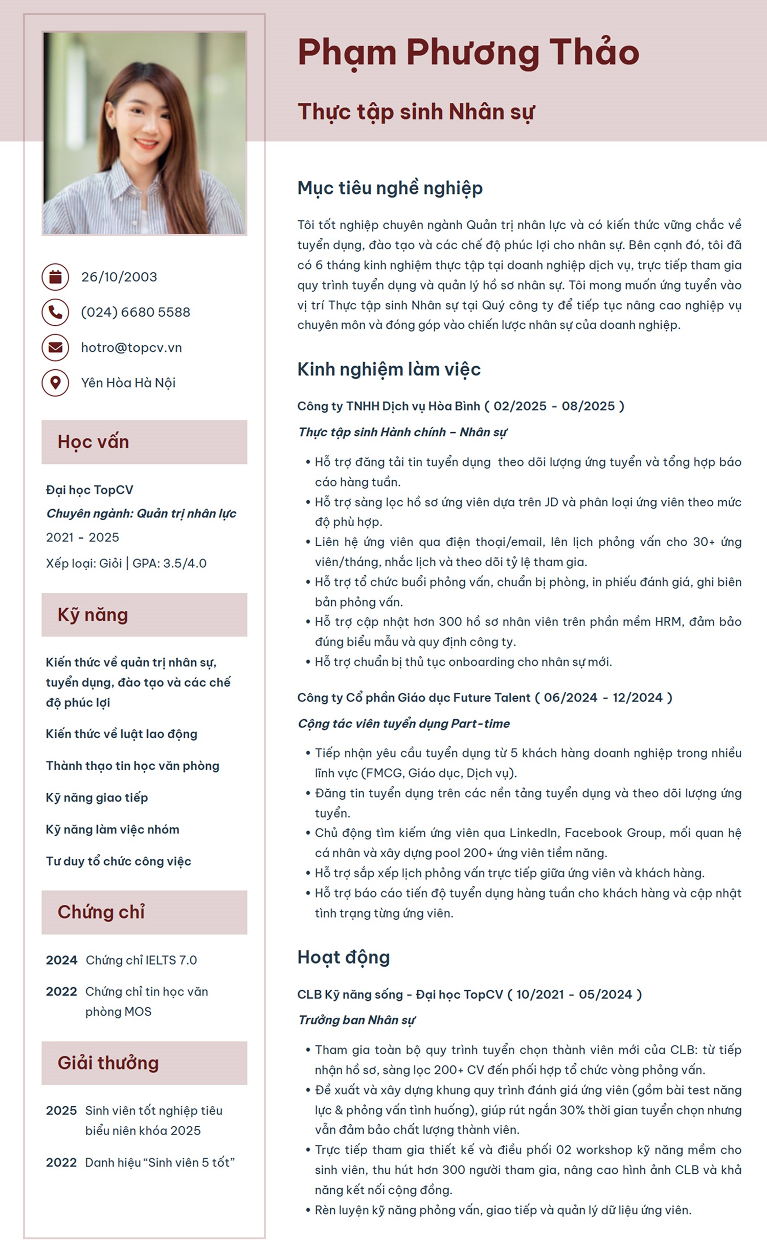 Mẫu CV Thực tập sinh nhân sự  chuyên nghiệp