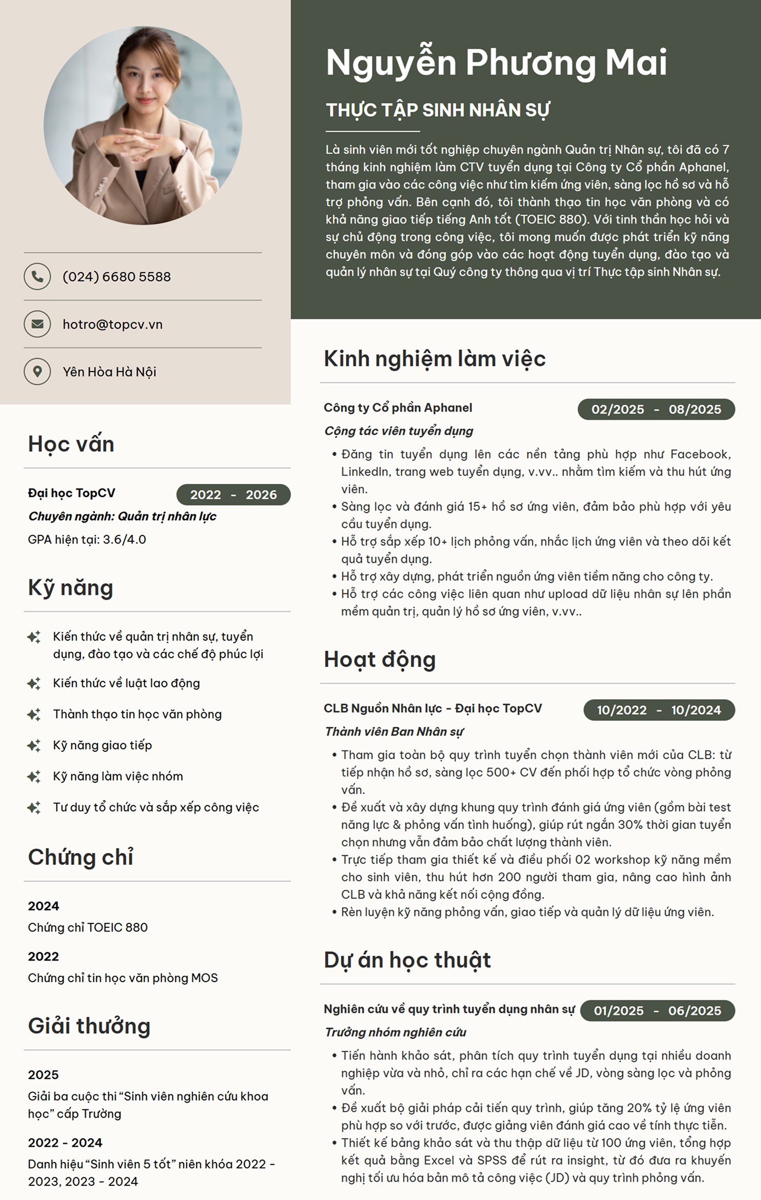 Mẫu CV Thực tập sinh nhân sự ấn tượng