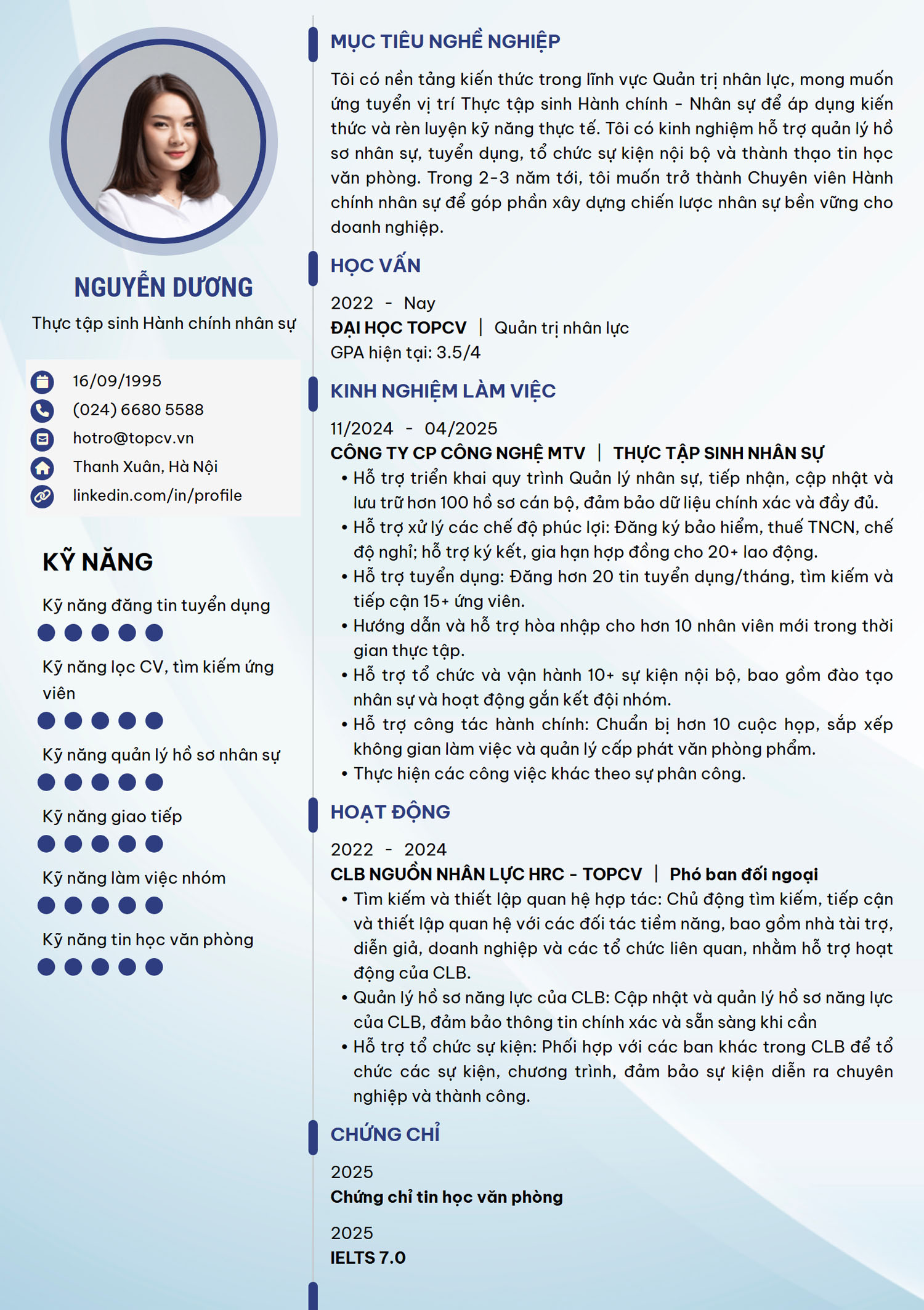 mẫu CV Thực tập sinh hành chính nhân