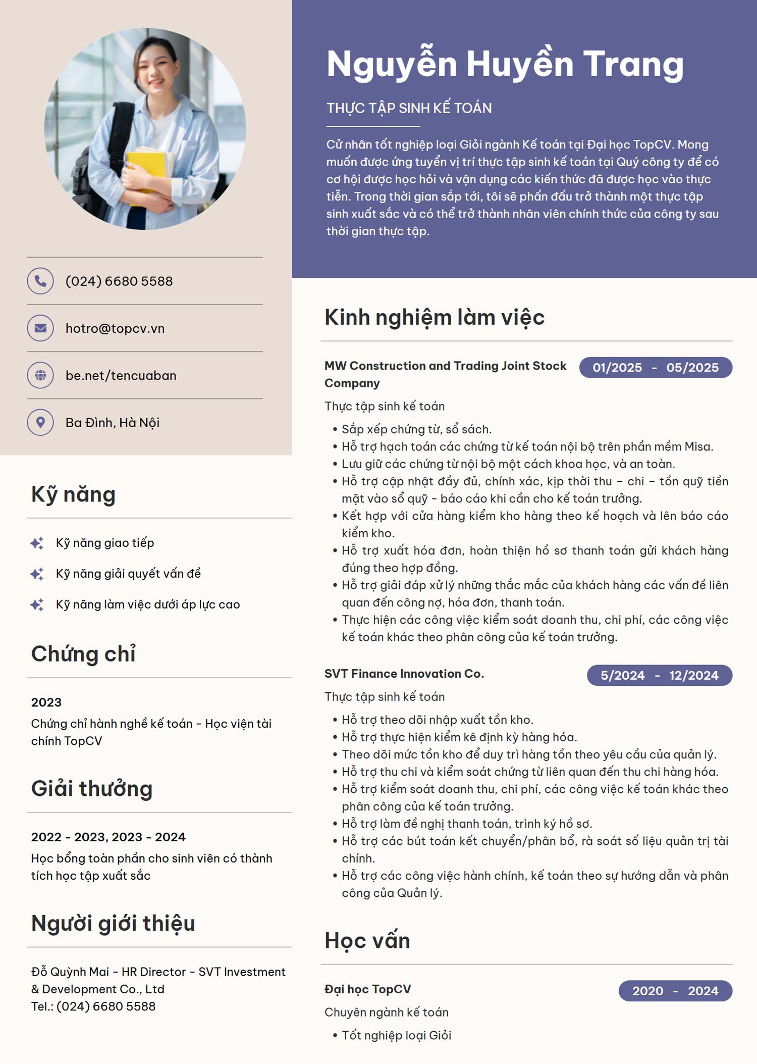 mau cv thuc tap sinh ke toan