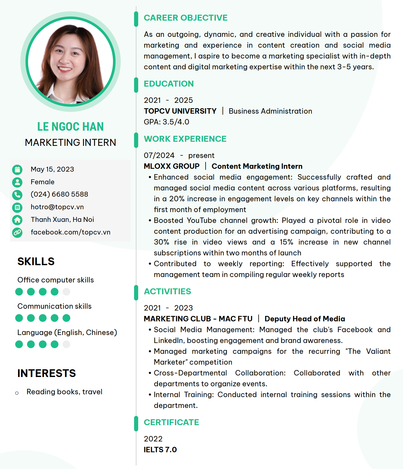 CV Thực tập sinh Marketing tiếng Anh