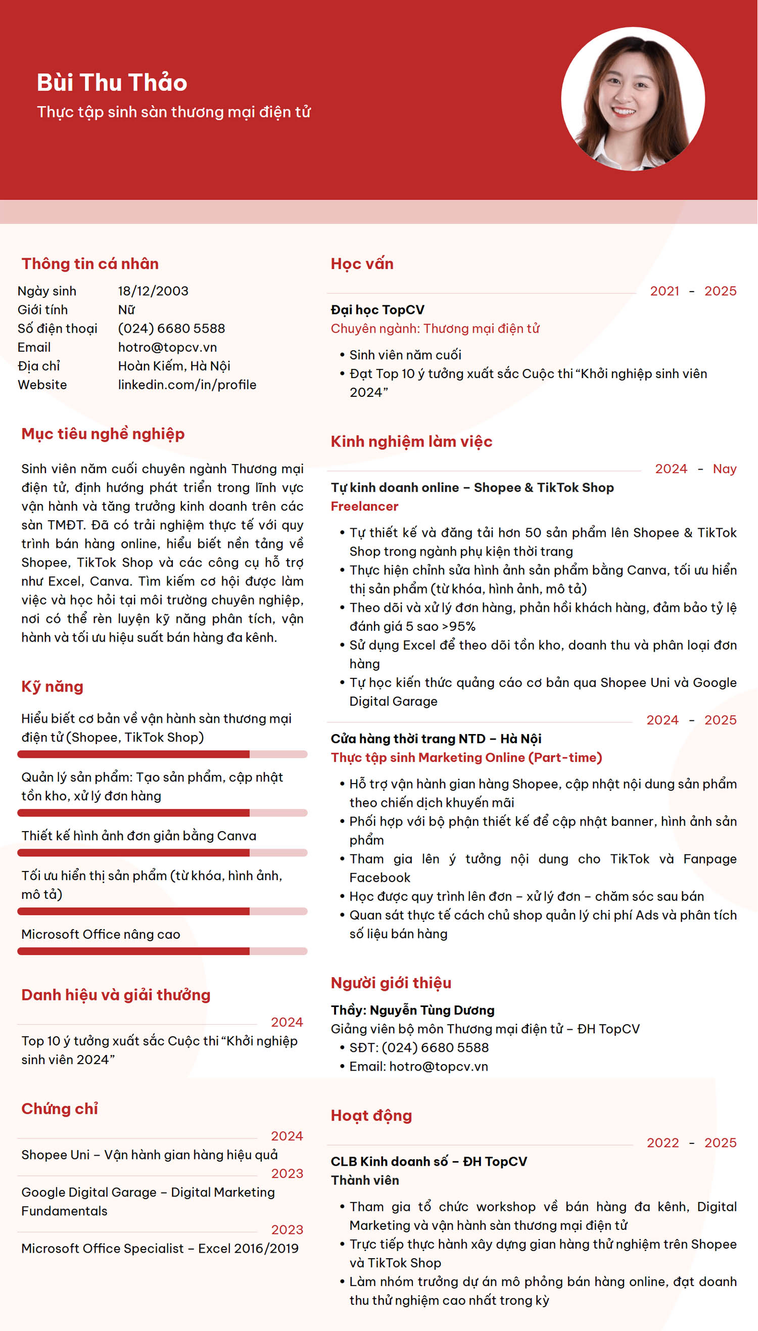 mẫu CV Thực tập sinh sàn thương mại điện tử