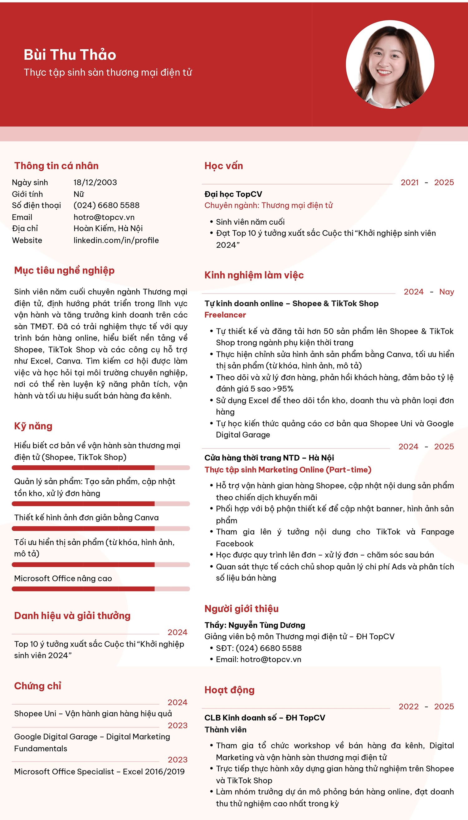 Mẫu CV Thực tập sinh sàn thương mại điện tử chuẩn