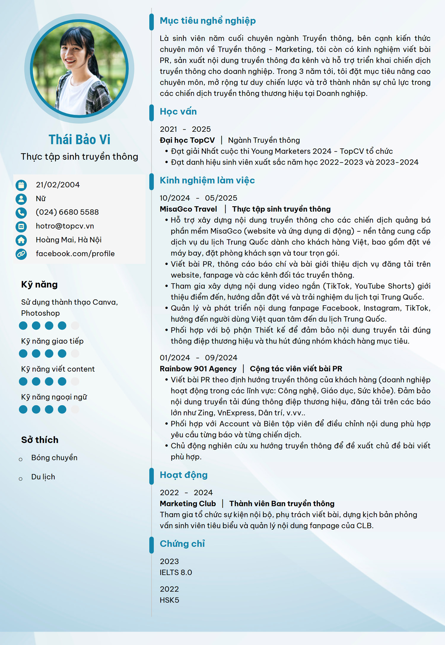 CV Thực tập sinh truyền thông