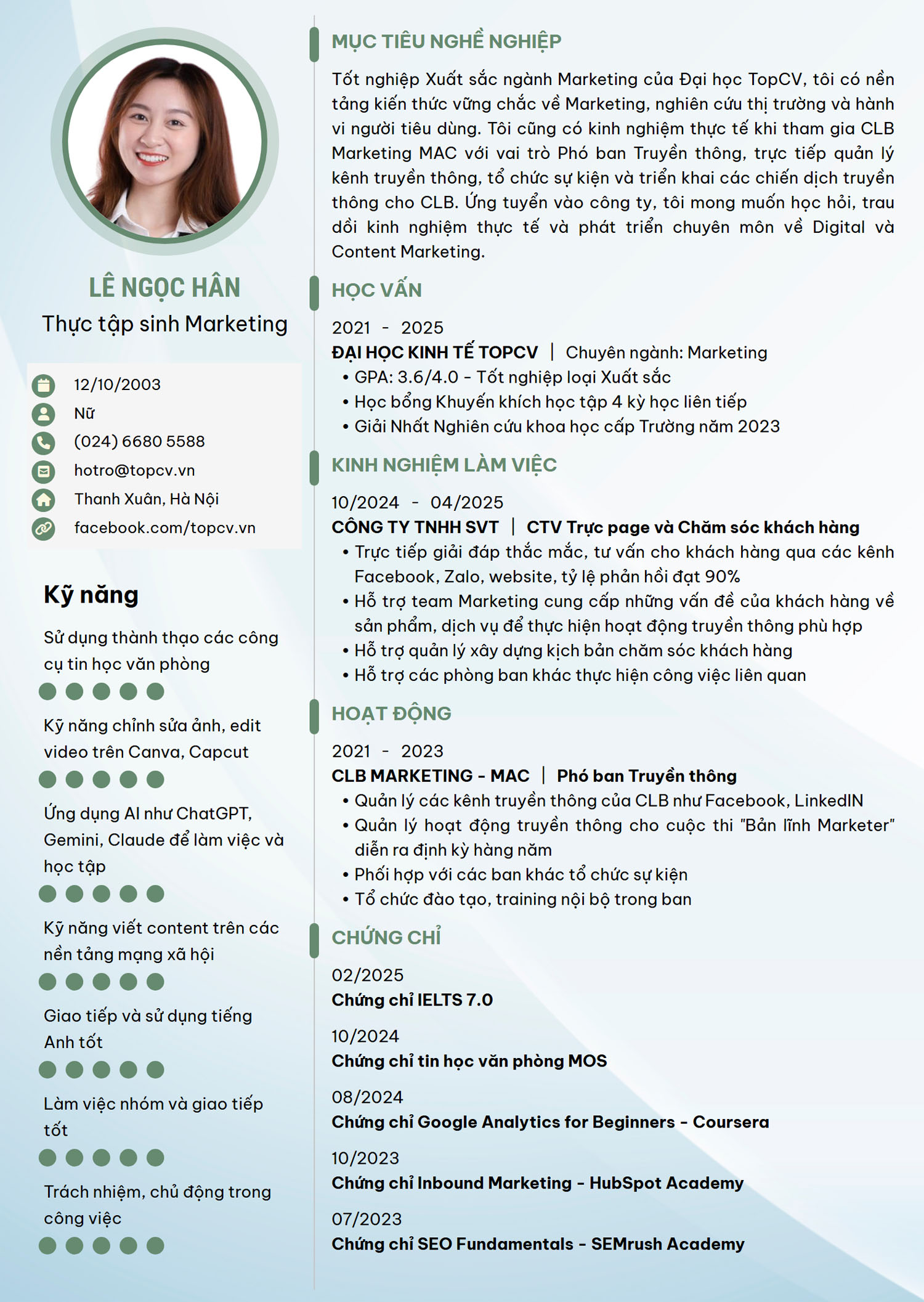 mẫu cv thực tập sinh