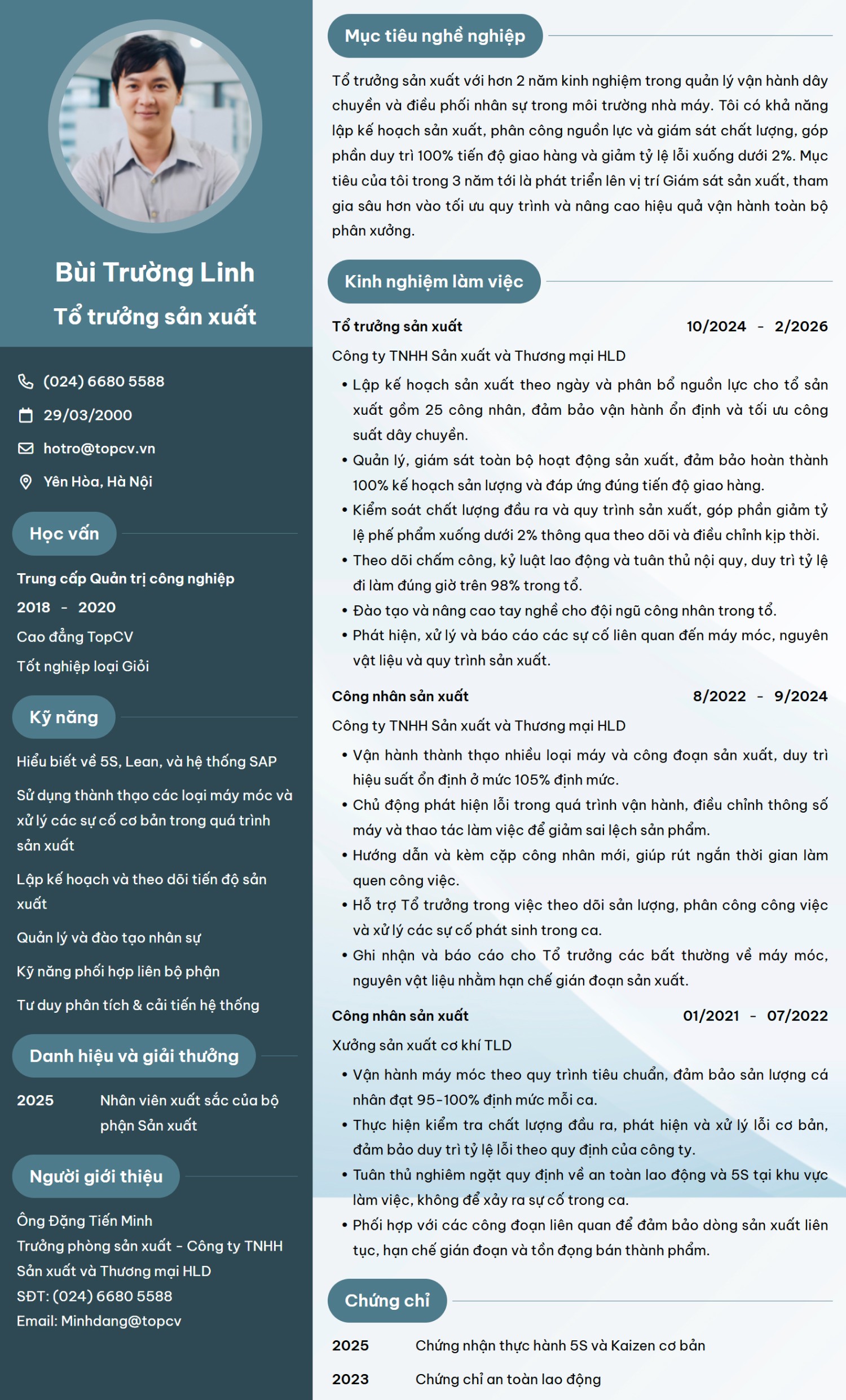 CV Tổ trưởng sản xuất chuyên nghiệp