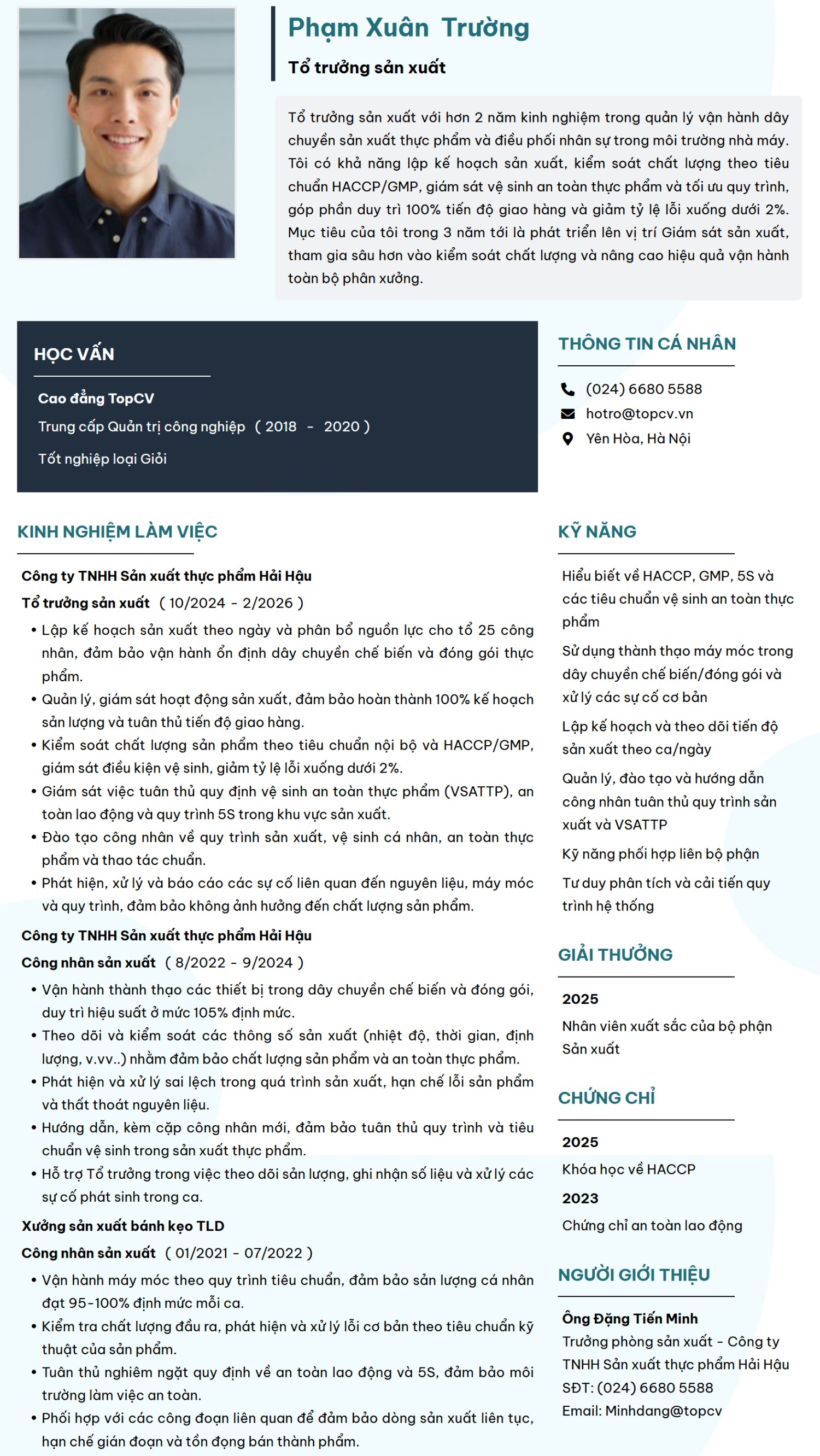 CV Tổ trưởng sản xuất hiện đại