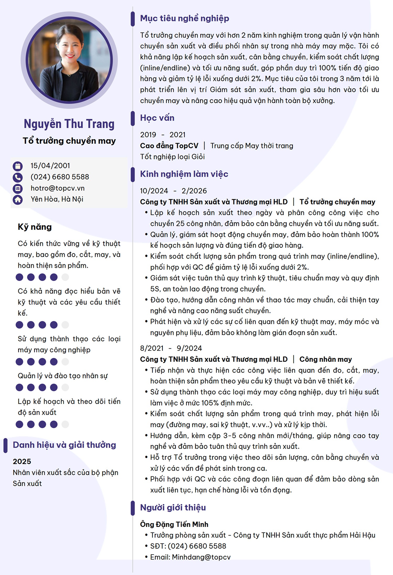 Mẫu CV Tổ trưởng sản xuất cho ngành may