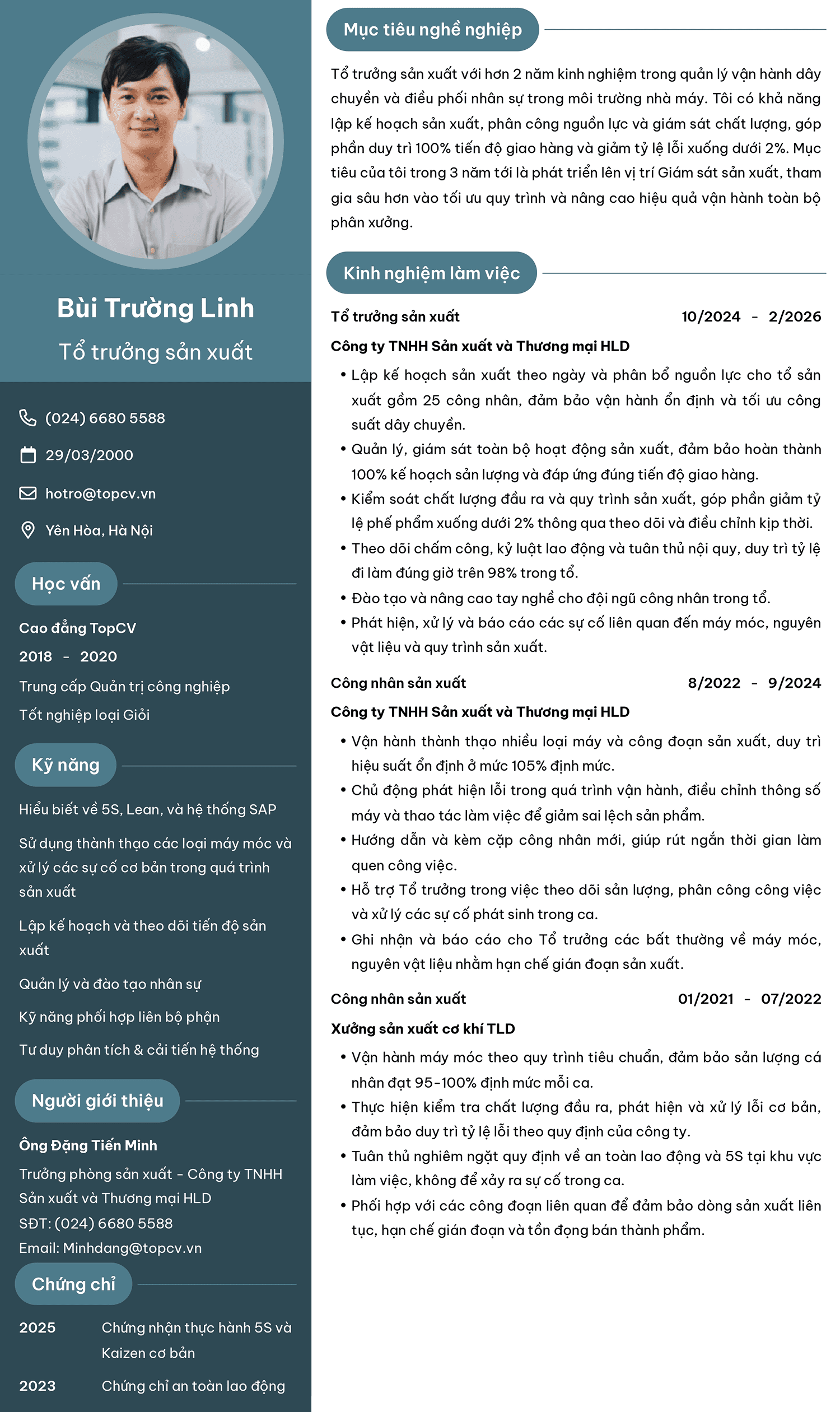 Mẫu CV tổ trưởng sản xuất chuyên nghiệp