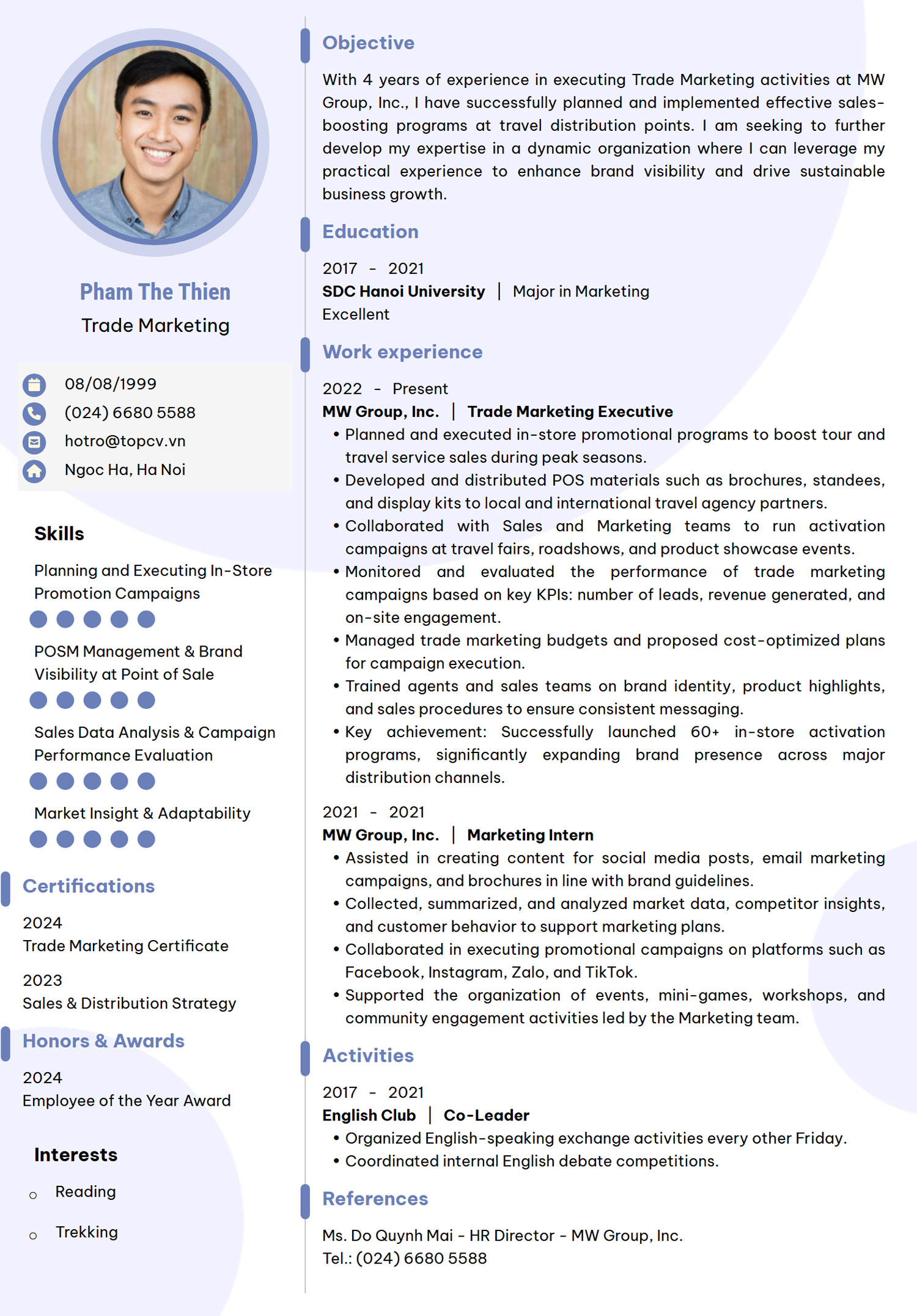 Mẫu CV Trade Marketing tiếng Anh