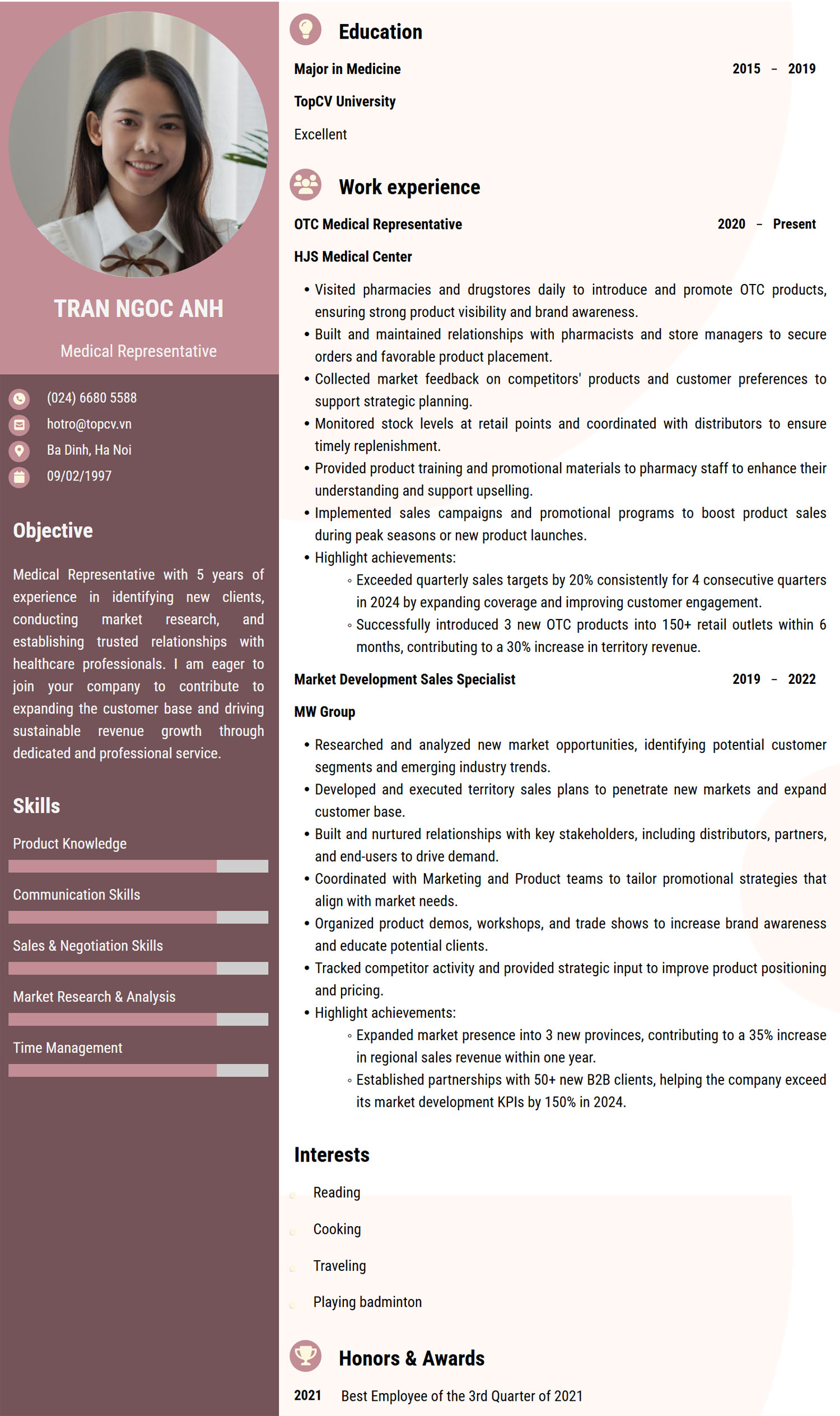 Tham khảo mẫu CV Trình dược viên Tiếng Anh