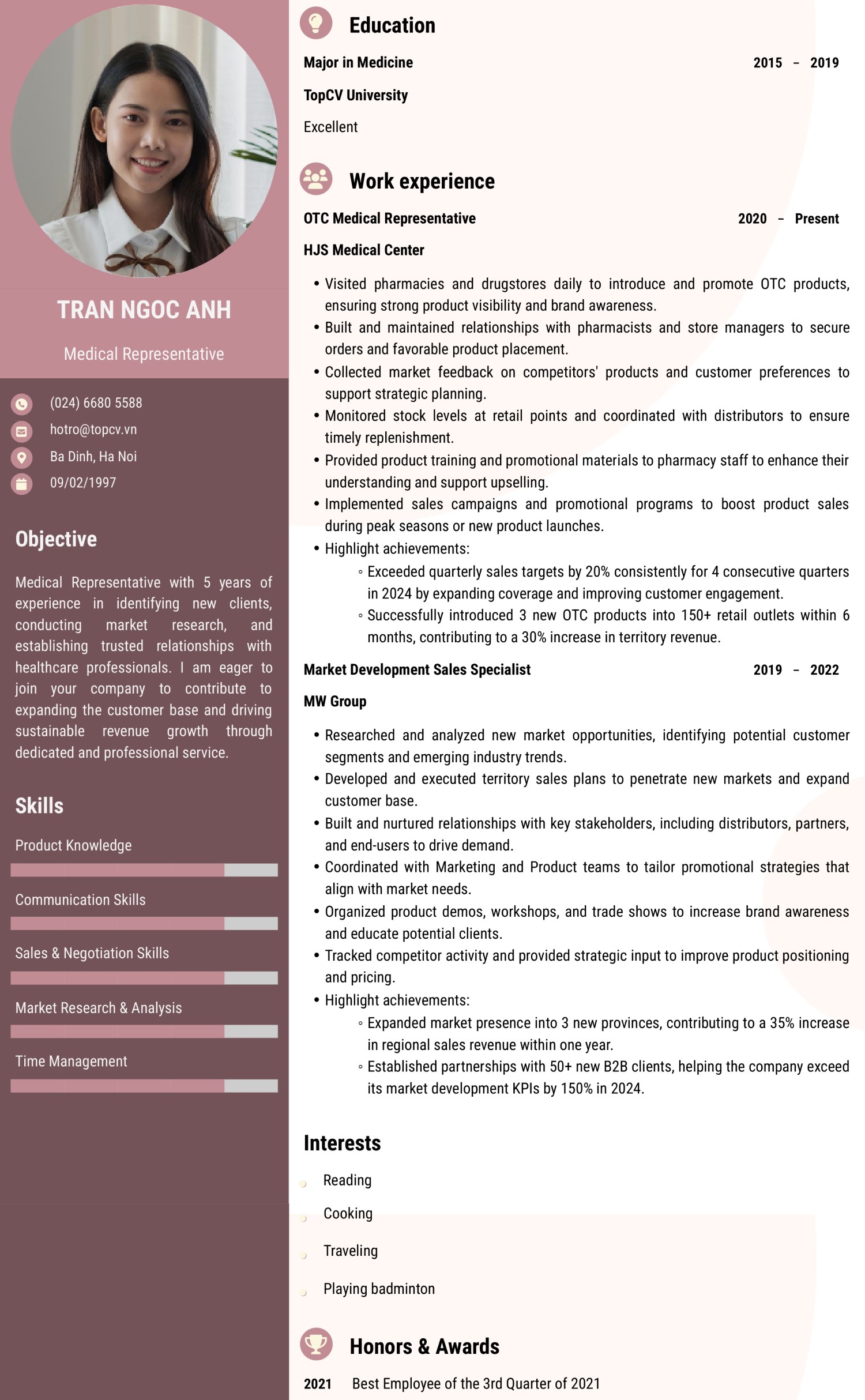 Mẫu CV Trình dược viên tiếng Anh