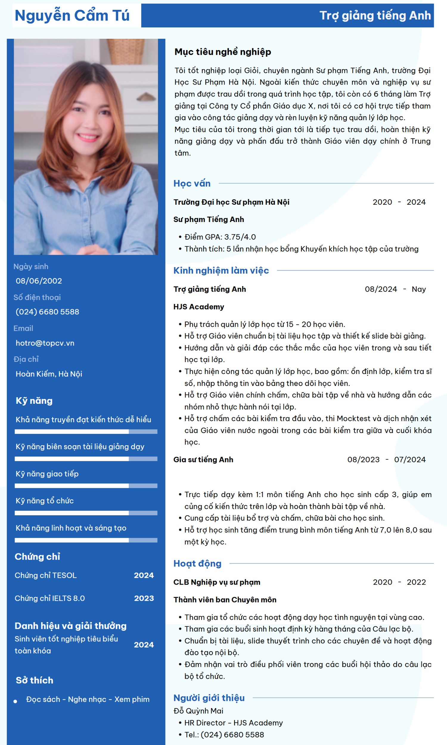  mẫu CV Trợ giảng tiếng Anh hiện đại