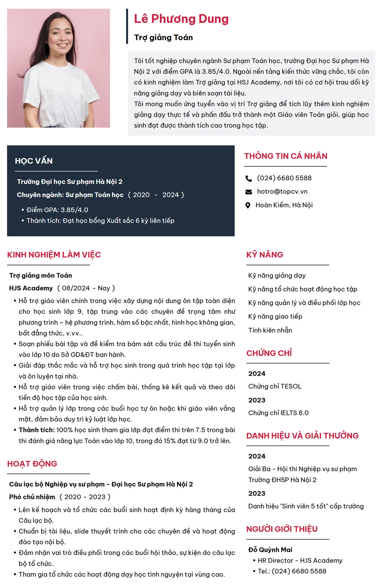mẫu CV Trợ giảng Toán thanh lịch