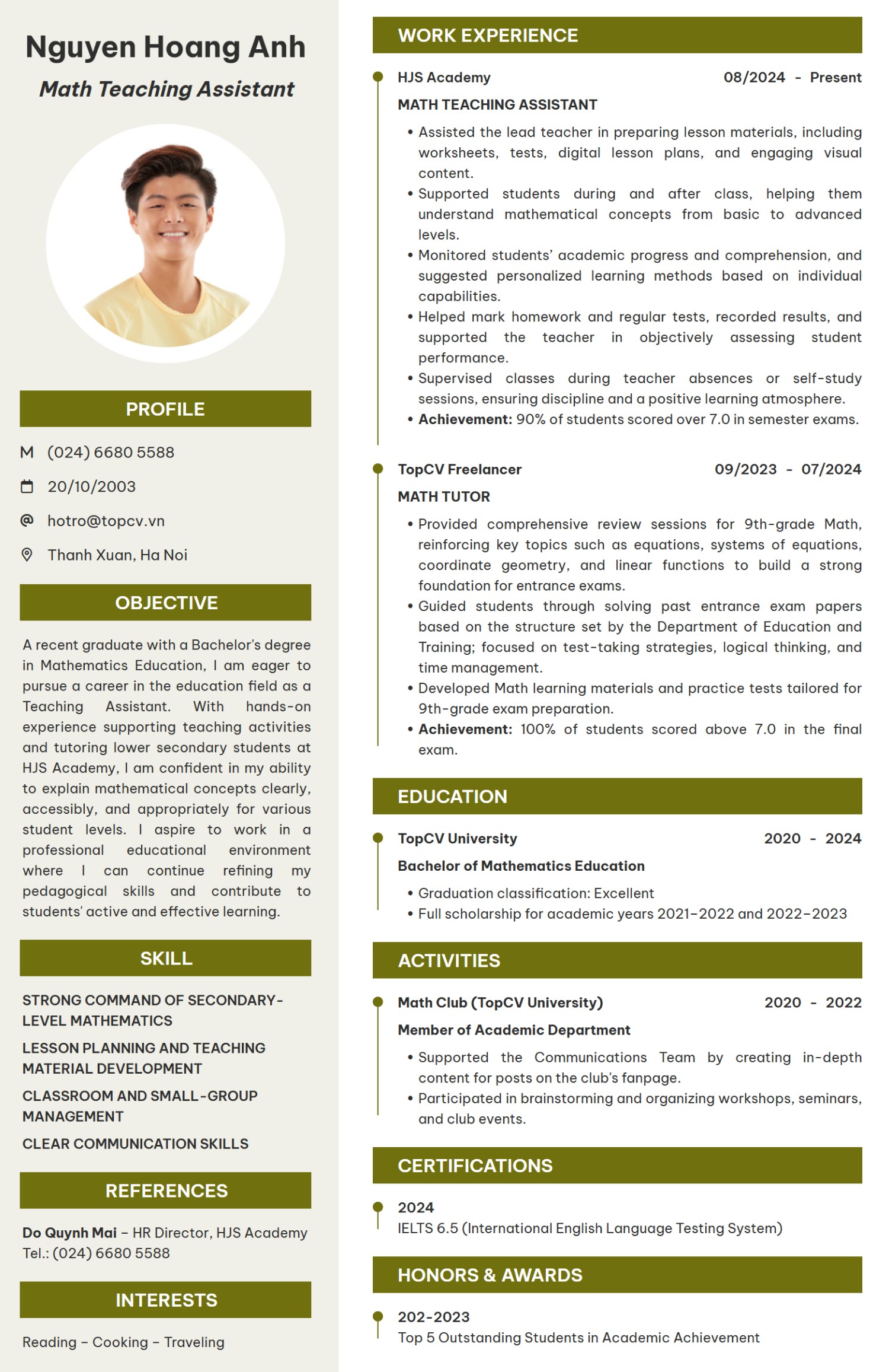 mẫu CV Trợ giảng Toán bằng tiếng Anh