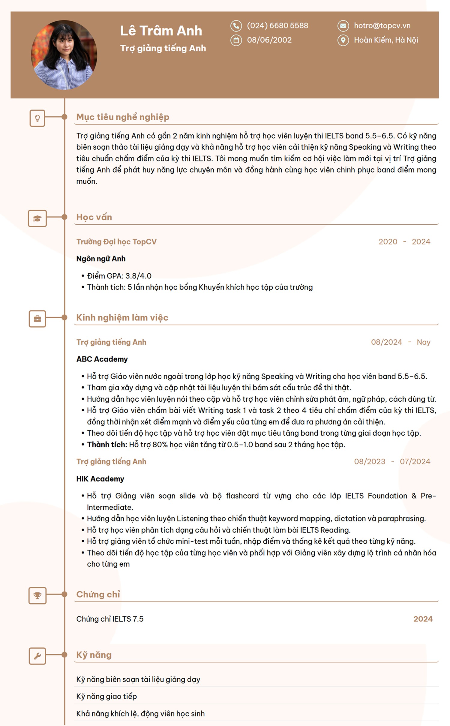 Mẫu CV Trợ giảng tiếng Anh ấn tượng