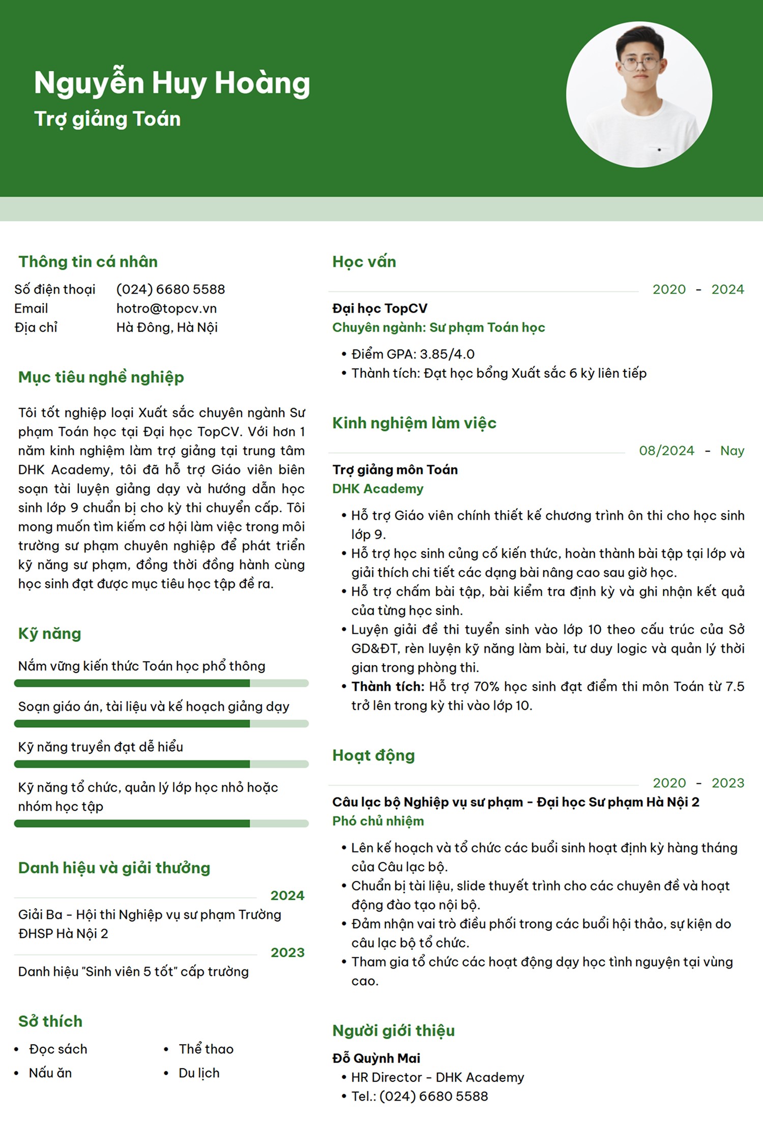 mẫu CV Trợ giảng Toán đơn giản