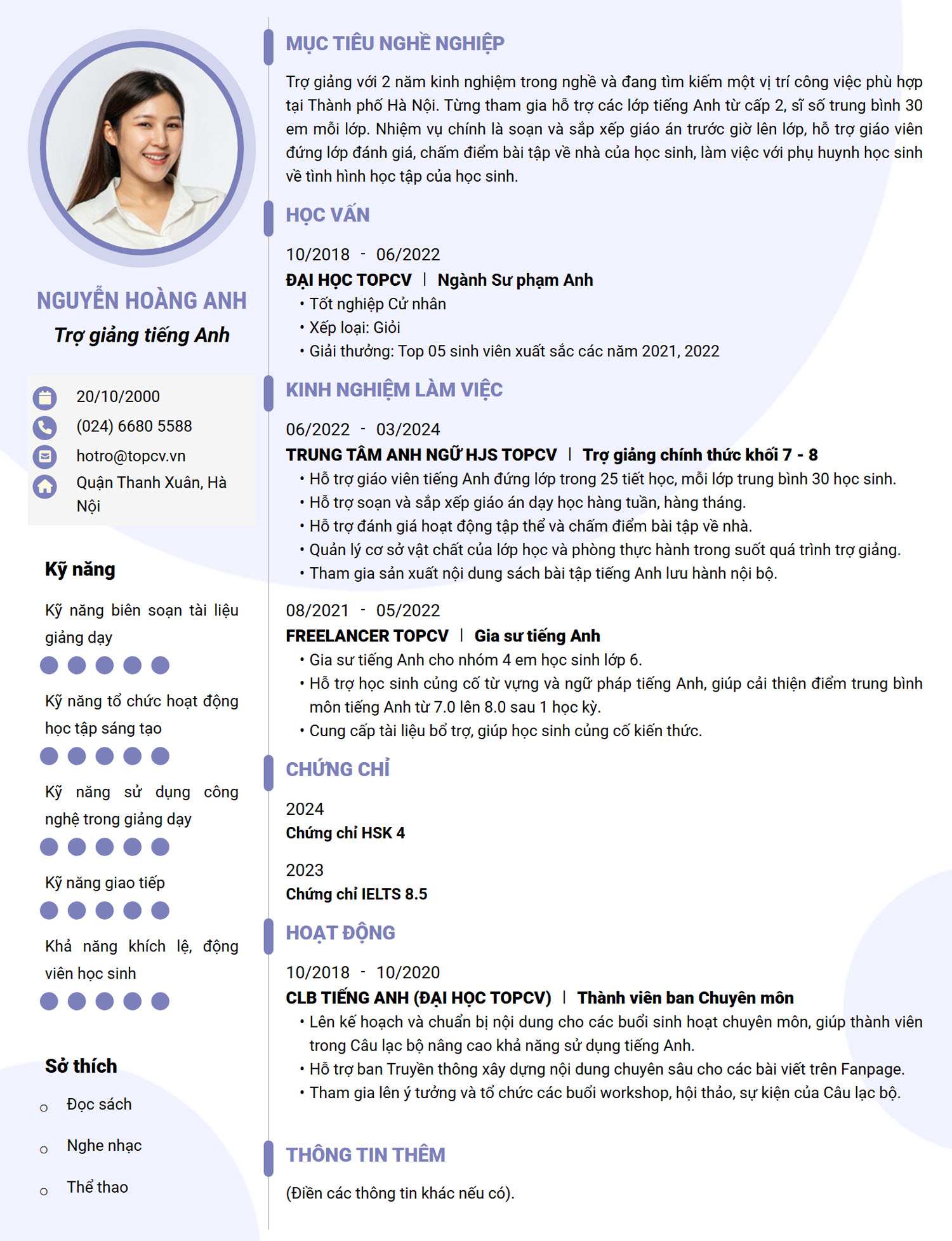 mẫu CV trợ giảng tiếng Anh