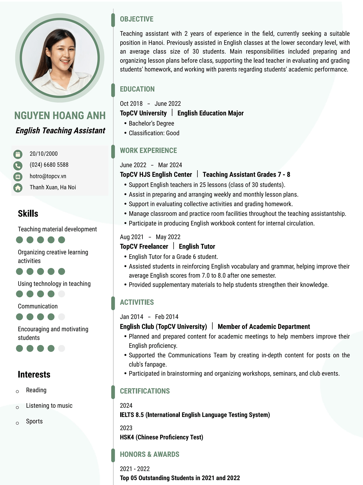 Tham khảo mẫu CV Trợ giảng tiếng Anh trên TopCV (bản tiếng Anh)