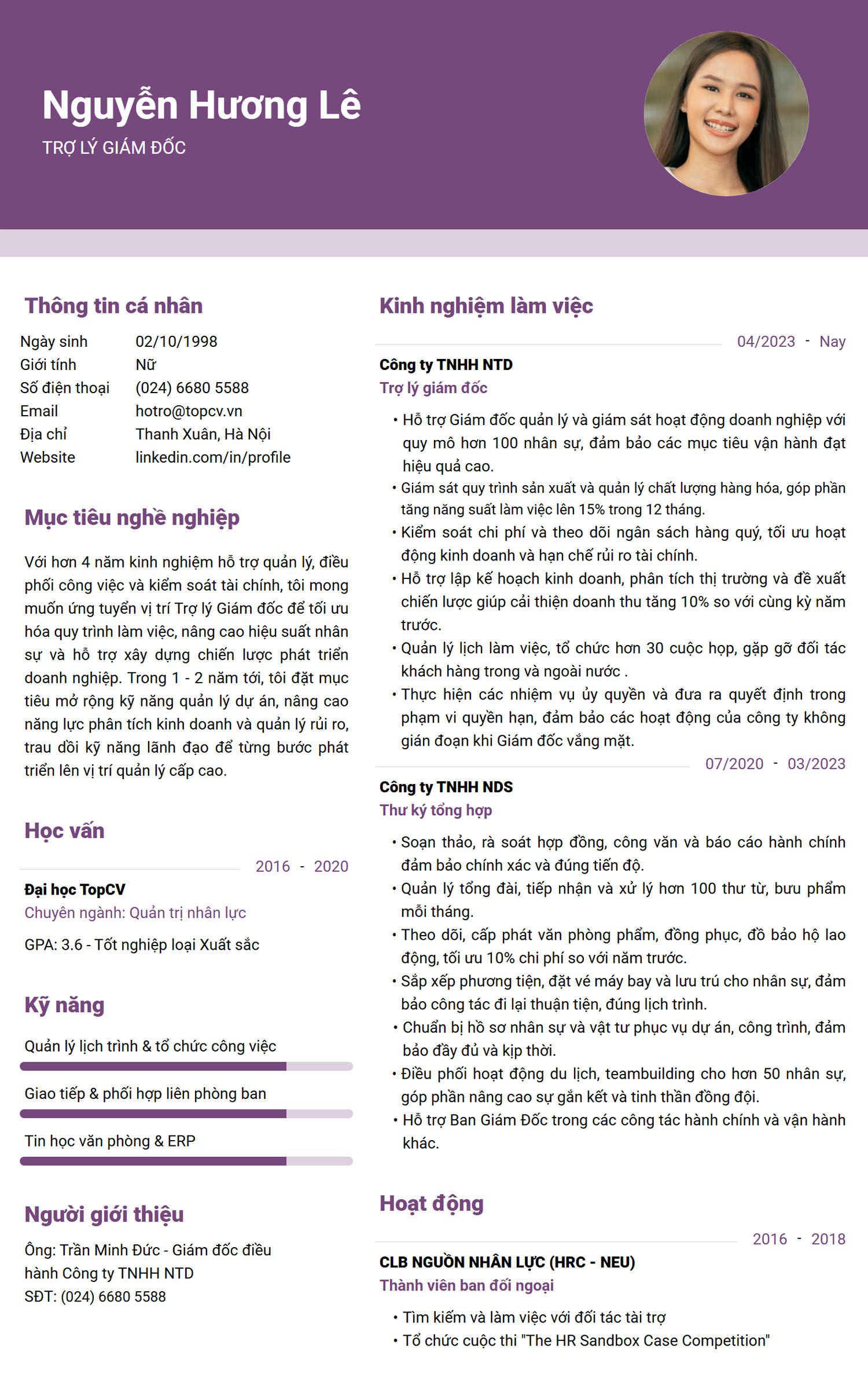 mẫu CV Trợ lý Giám đốc