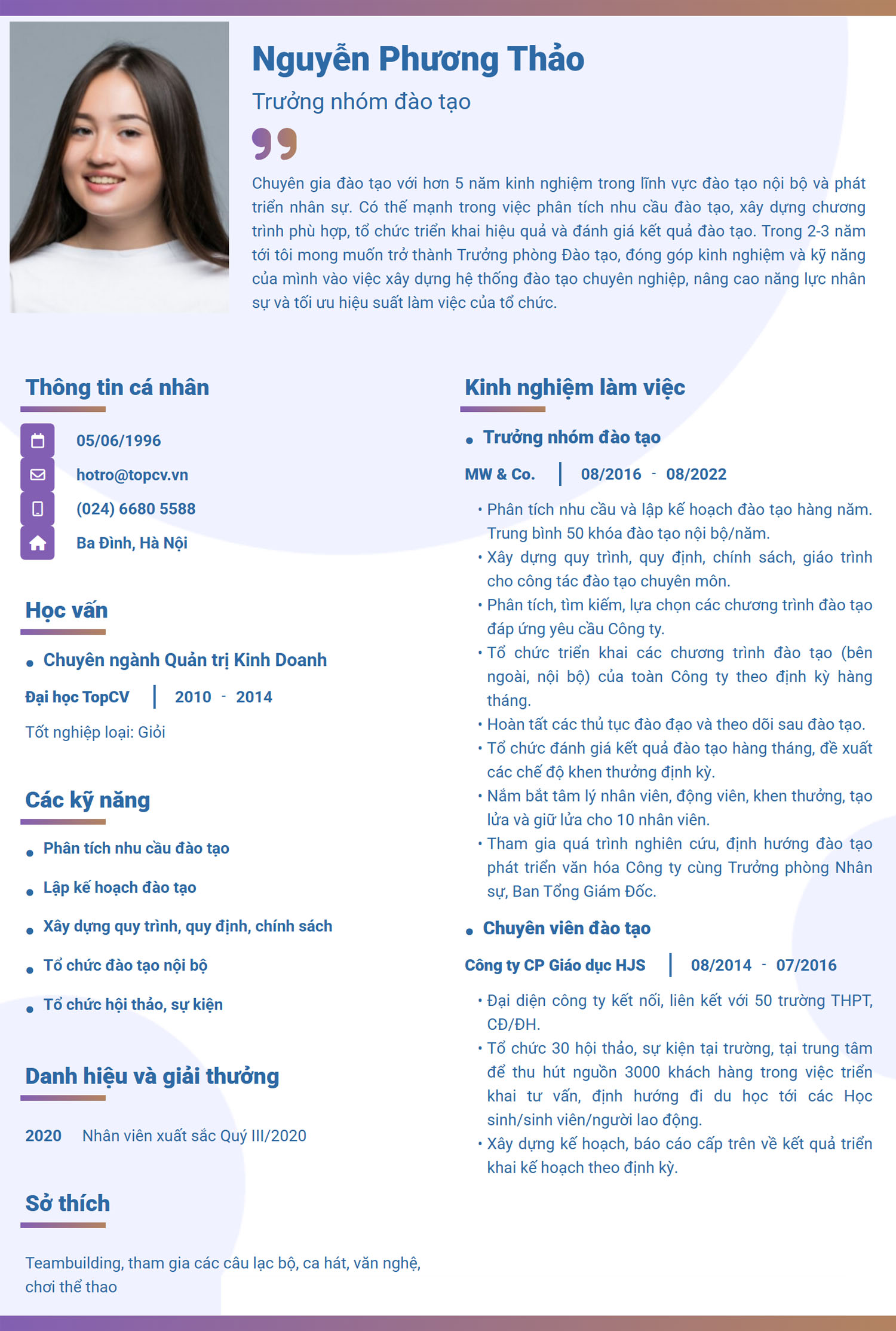 Tham khảo Mẫu CV Trưởng nhóm đào tạo