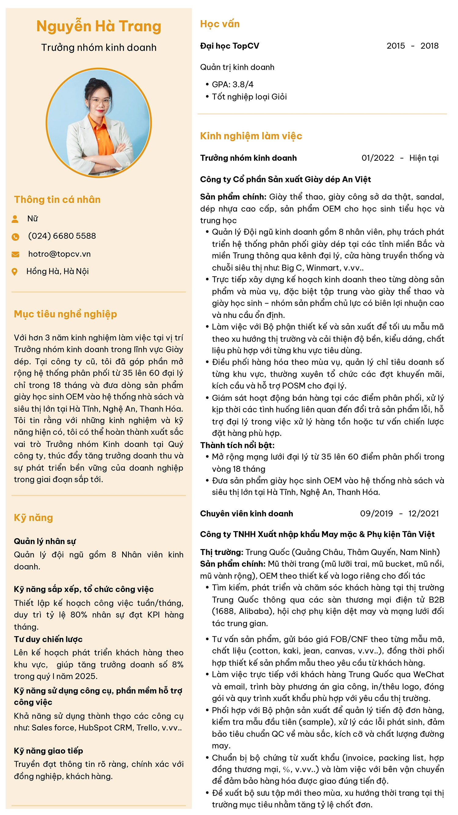 Mẫu CV Trưởng nhóm kinh doanh (Sales Team Leader CV) ấn tượng