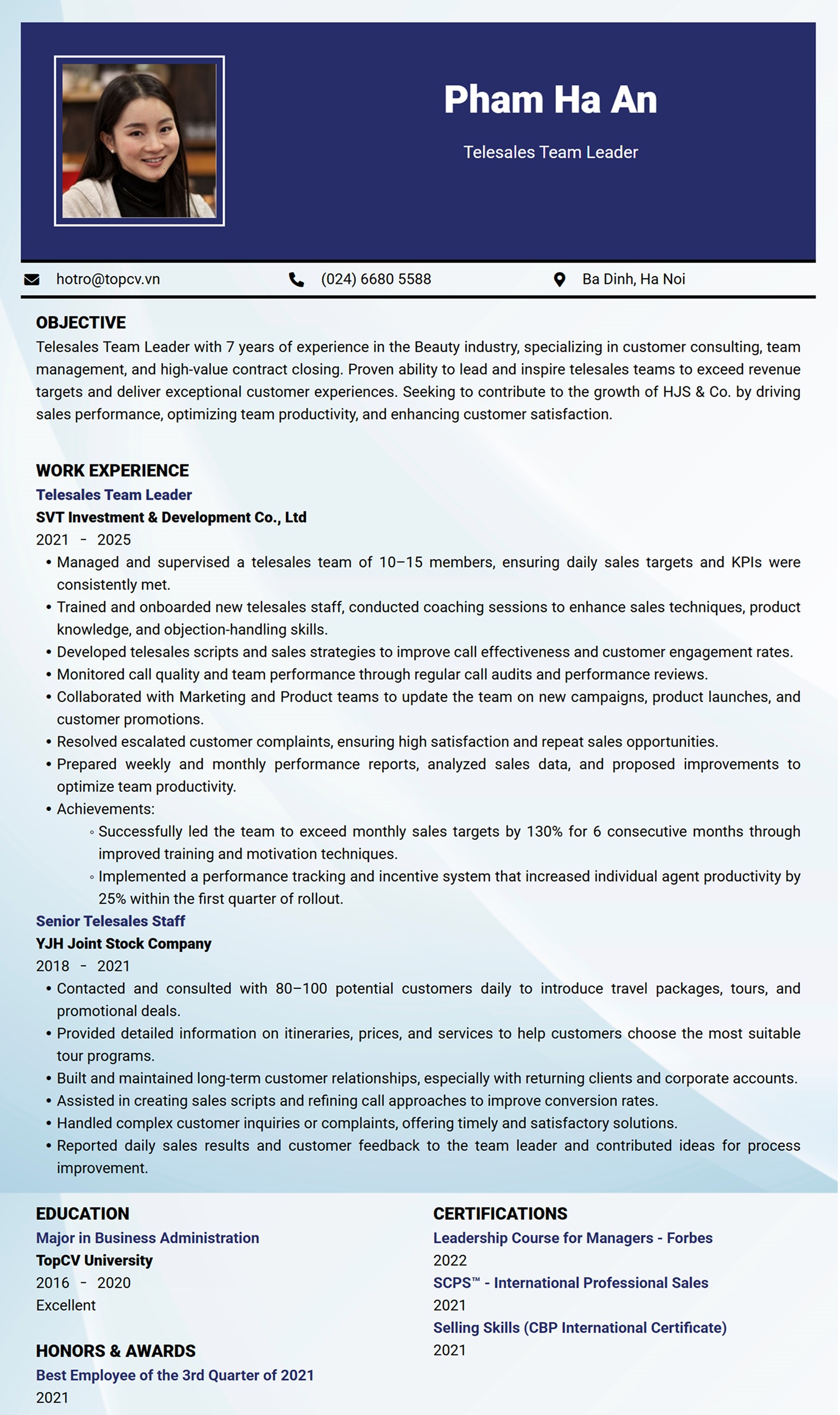 Tham khảo mẫu CV Trưởng nhóm Telesales tiếng Anh