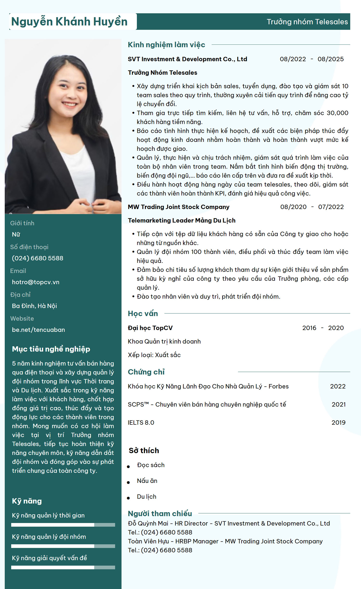 Tham khảo mẫu CV Trưởng nhóm Telesales